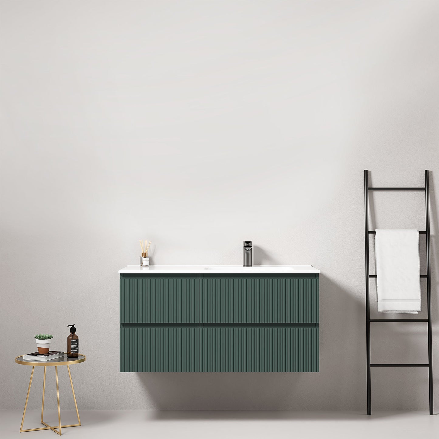 Mobile bagno sospeso cannettato 100 cm Verde Comodoro Lavabo a Destra in Ceramica Senza Specchio - Fiji Paint.
