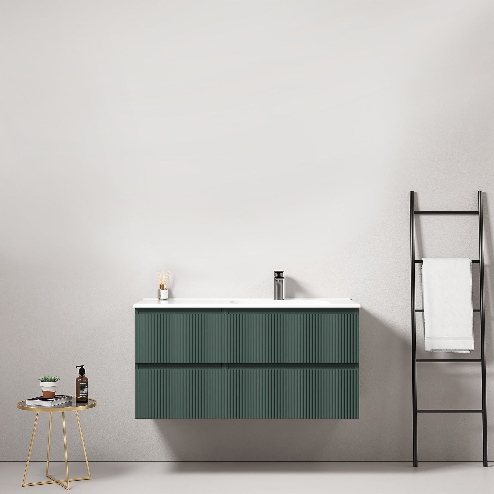 Mobile bagno sospeso cannettato 100 cm Verde Comodoro Lavabo a Destra in Ceramica Senza Specchio - Fiji Paint.