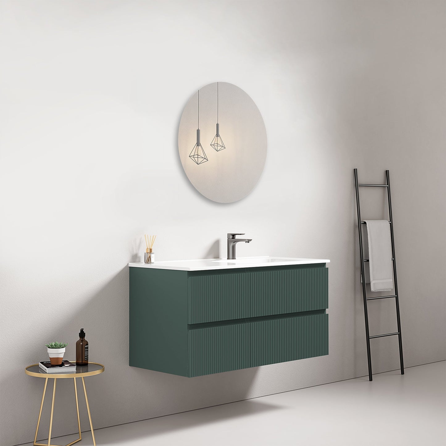 Mobile bagno sospeso cannettato 100 cm Verde Comodoro Lavabo a Destra in Ceramica Specchio Tondo - Fiji Paint