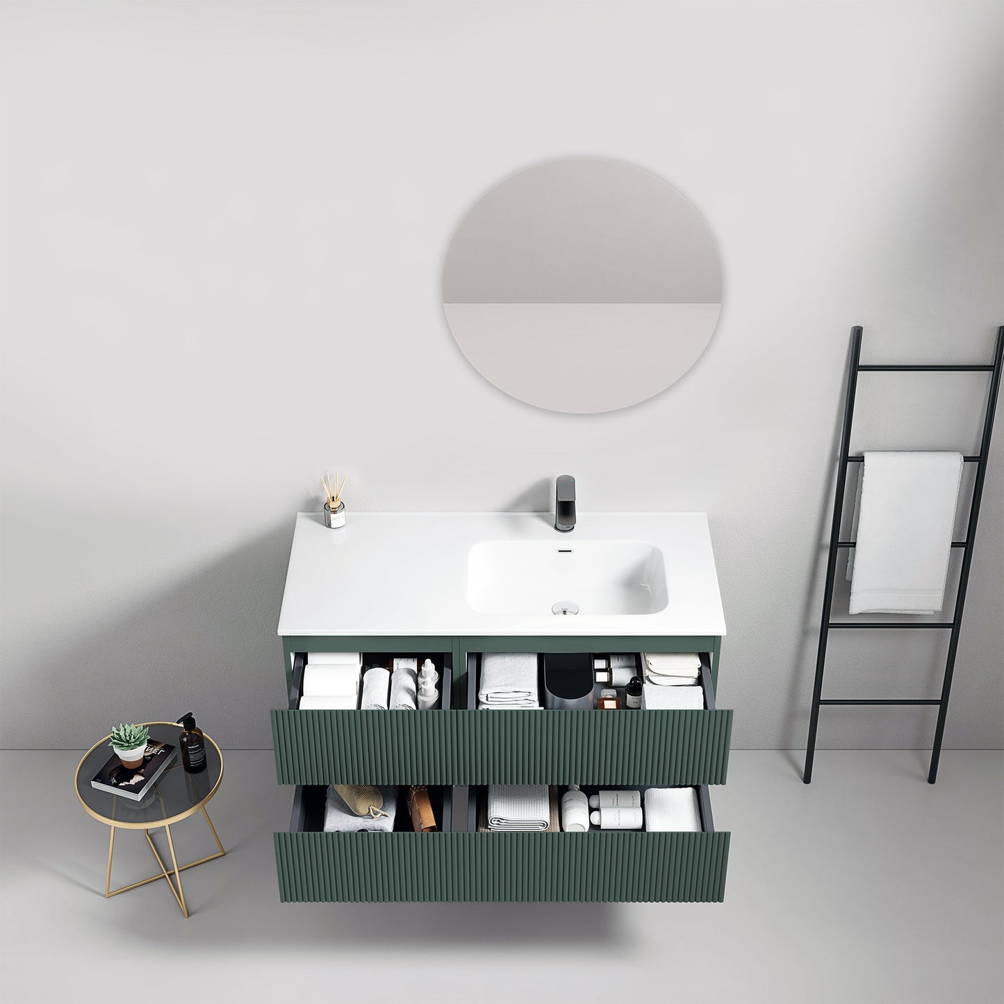 Mobile bagno sospeso cannettato 100 cm Verde Comodoro Lavabo a Destra in Ceramica Specchio Tondo - Fiji Paint