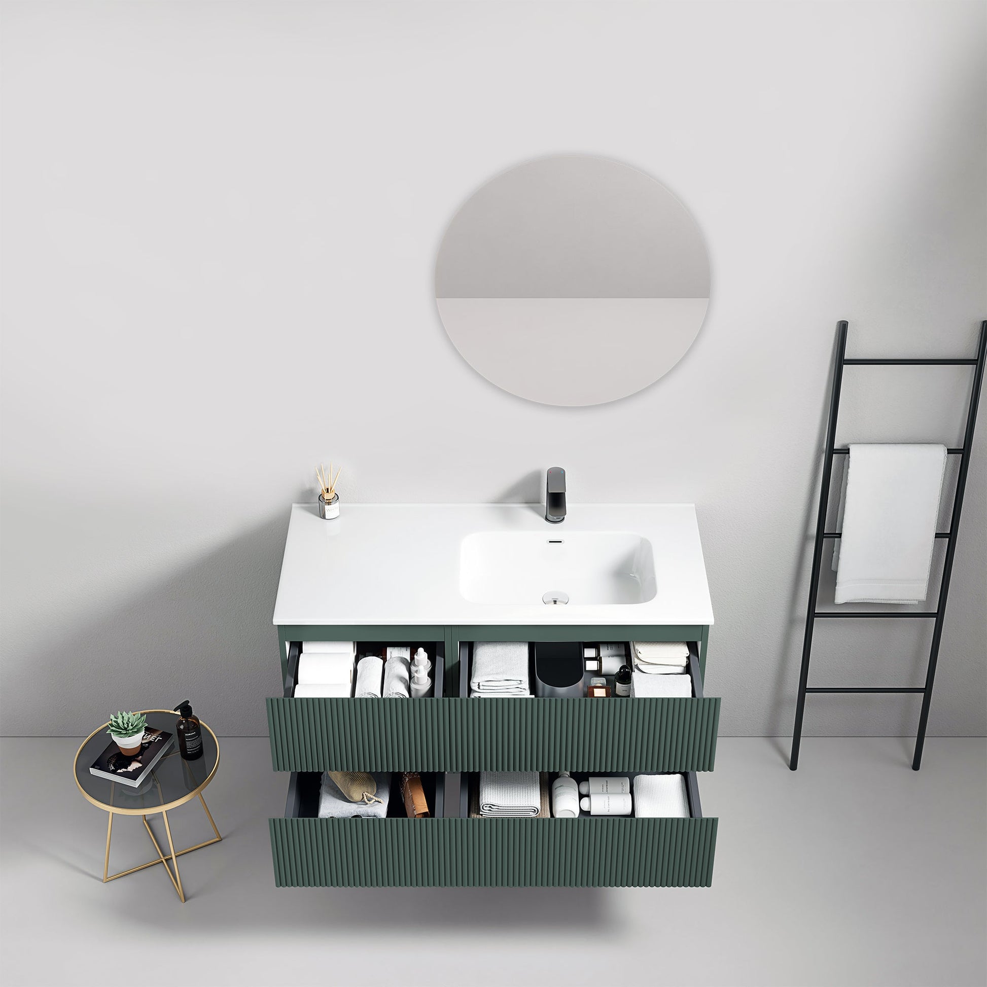 Mobile bagno sospeso cannettato 100 cm Verde Comodoro Lavabo a Destra in Ceramica Specchio Tondo - Fiji Paint
