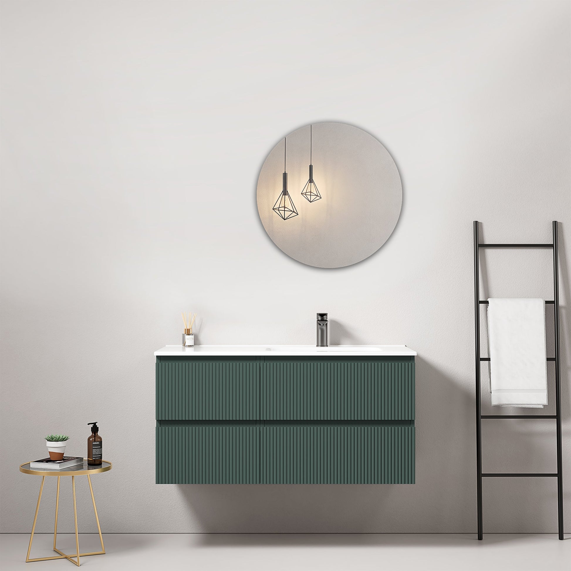 Mobile bagno sospeso cannettato 100 cm Verde Comodoro Lavabo a Destra in Ceramica Specchio Tondo - Fiji Paint