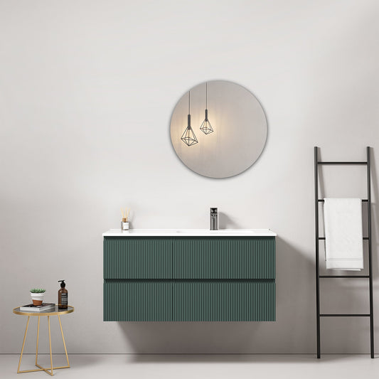 Mobile bagno sospeso cannettato 100 cm Verde Comodoro Lavabo a Destra in Ceramica Specchio Tondo - Fiji Paint