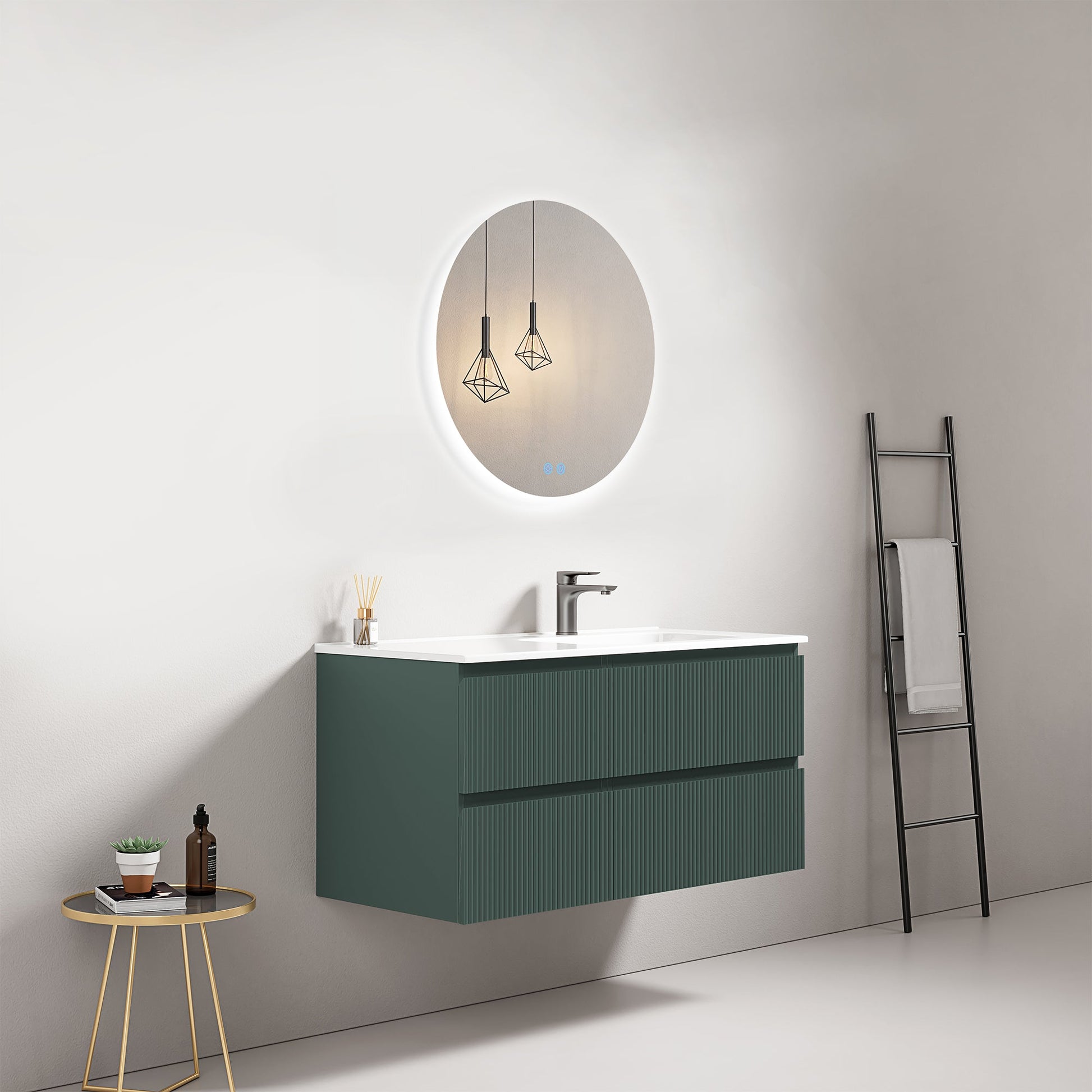 Mobile bagno sospeso cannettato 100 cm Verde Comodoro Lavabo a Destra in Ceramica Specchio Tondo Retroilluminato - Fiji Paint