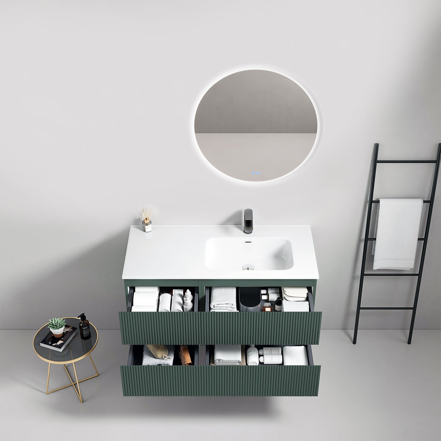 Mobile bagno sospeso cannettato 100 cm Verde Comodoro Lavabo a Destra in Ceramica Specchio Tondo Retroilluminato - Fiji Paint