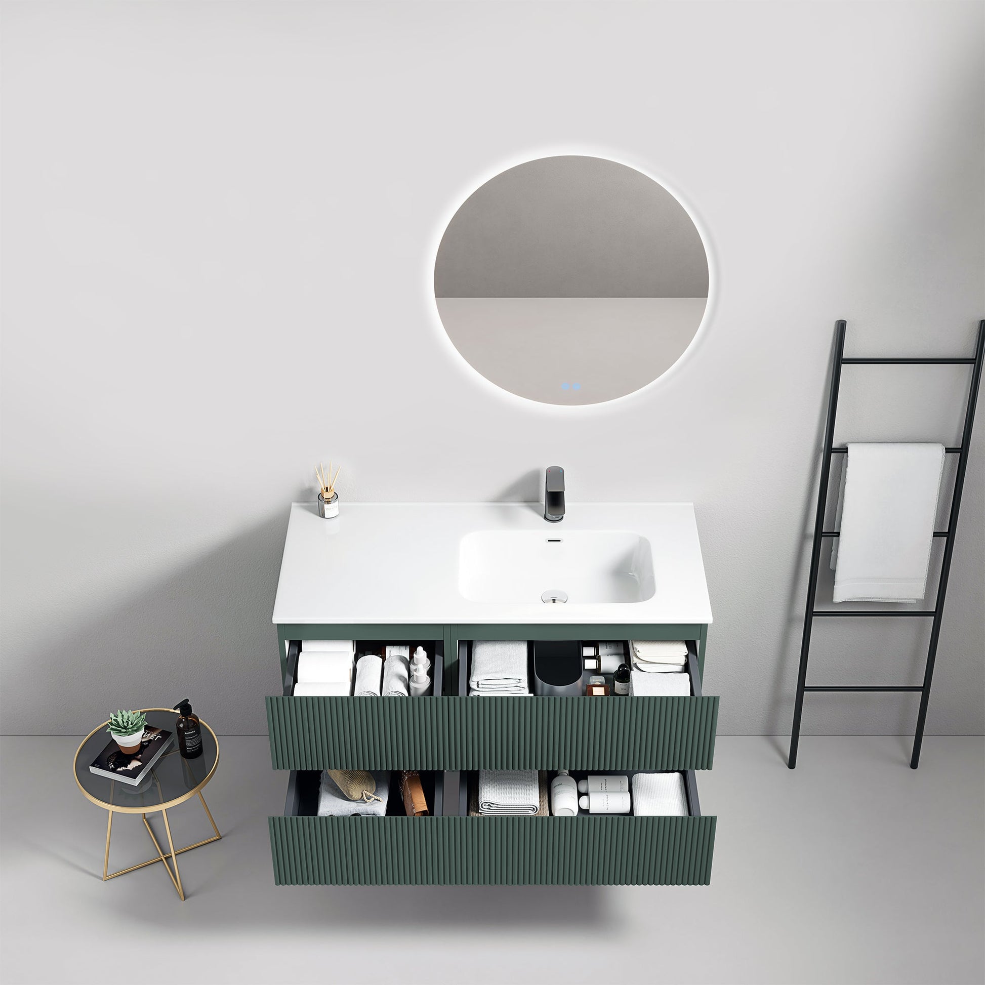 Mobile bagno sospeso cannettato 100 cm Verde Comodoro Lavabo a Destra in Ceramica Specchio Tondo Retroilluminato - Fiji Paint