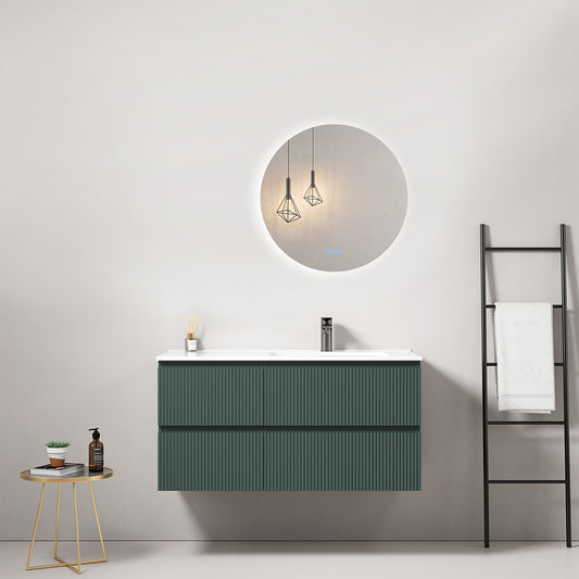 Mobile bagno sospeso cannettato 100 cm Verde Comodoro Lavabo a Destra in Ceramica Specchio Tondo Retroilluminato - Fiji Paint