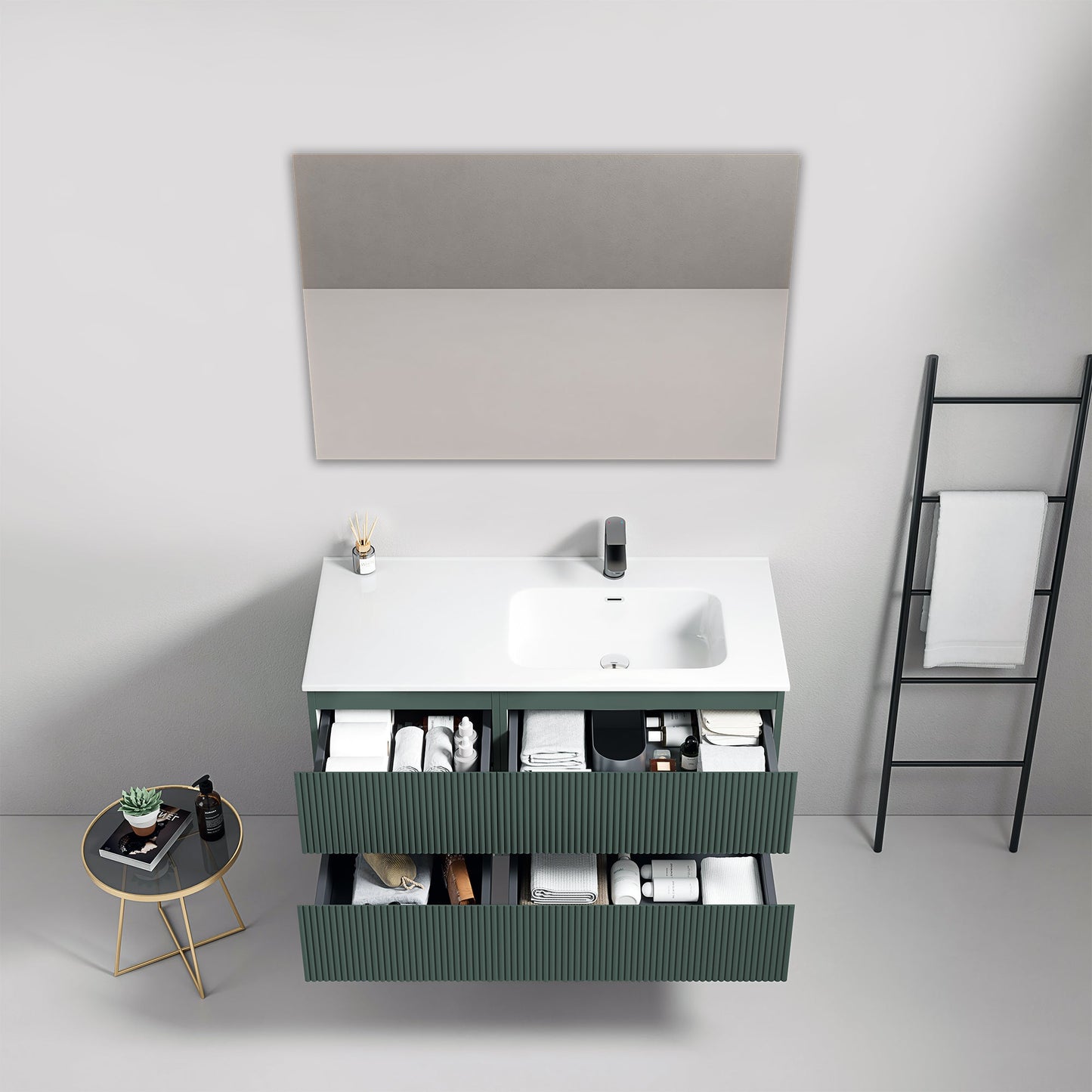 Mobile bagno sospeso cannettato 100 cm Verde Comodoro Lavabo a Destra in Ceramica Specchio Quadro - Fiji Paint
