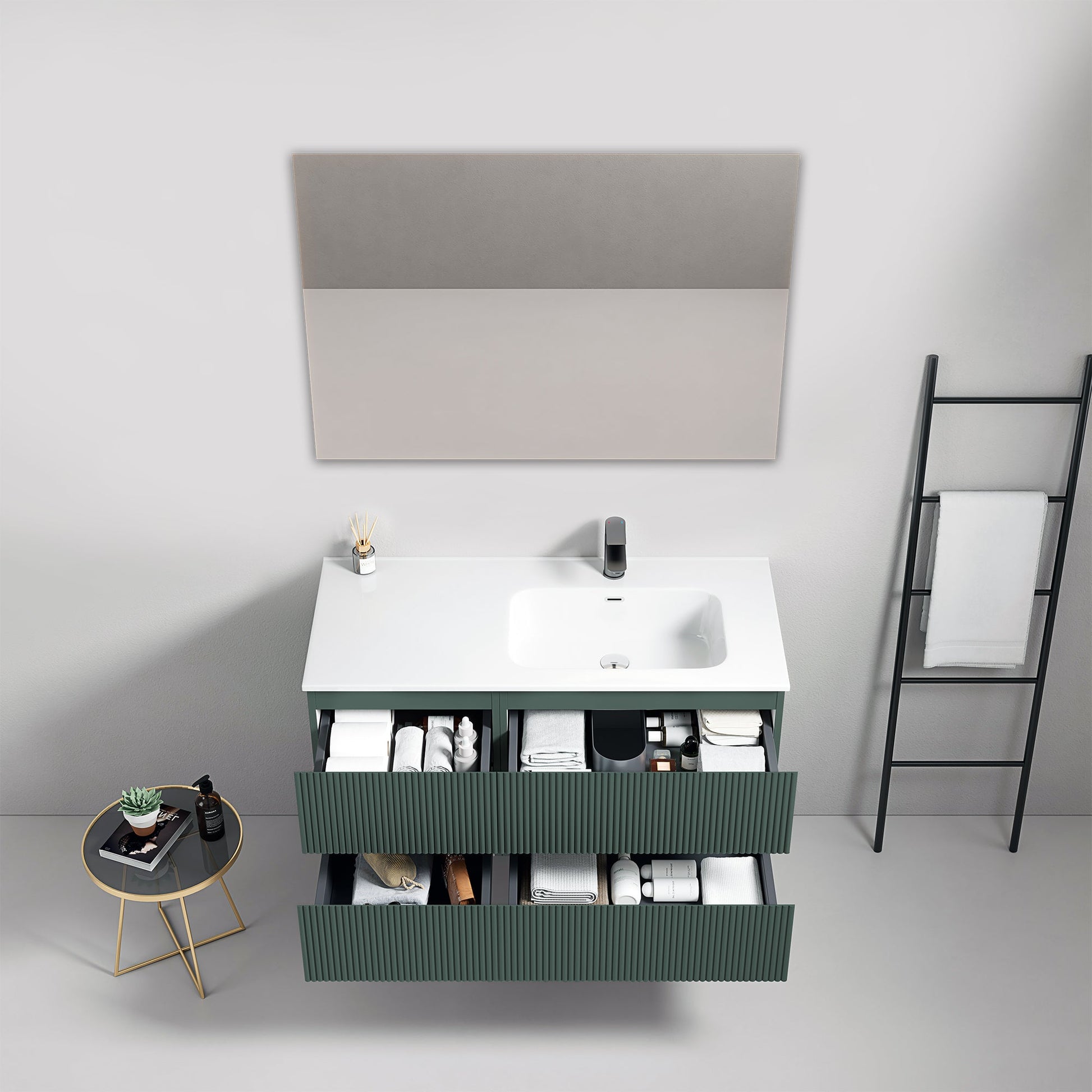 Mobile bagno sospeso cannettato 100 cm Verde Comodoro Lavabo a Destra in Ceramica Specchio Quadro - Fiji Paint