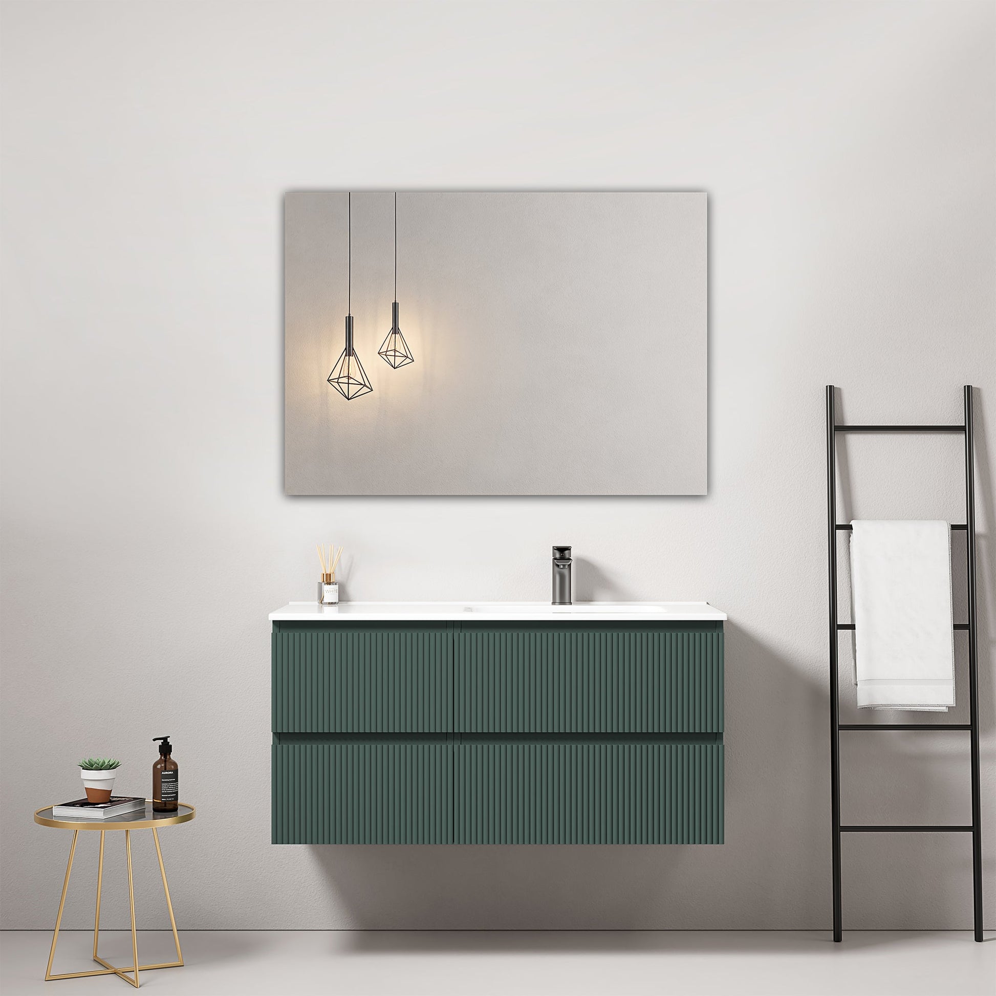 Mobile bagno sospeso cannettato 100 cm Verde Comodoro Lavabo a Destra in Ceramica Specchio Quadro - Fiji Paint