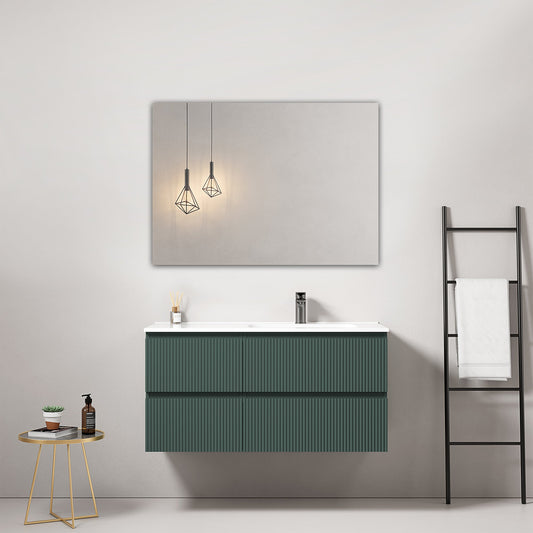 Mobile bagno sospeso cannettato 100 cm Verde Comodoro Lavabo a Destra in Ceramica Specchio Quadro - Fiji Paint