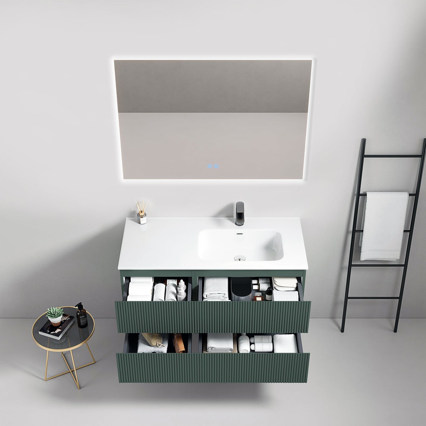 Mobile bagno sospeso cannettato 100 cm Verde Comodoro Lavabo a Destra in Ceramica Specchio Quadro Retroilluminato - Fiji Paint.