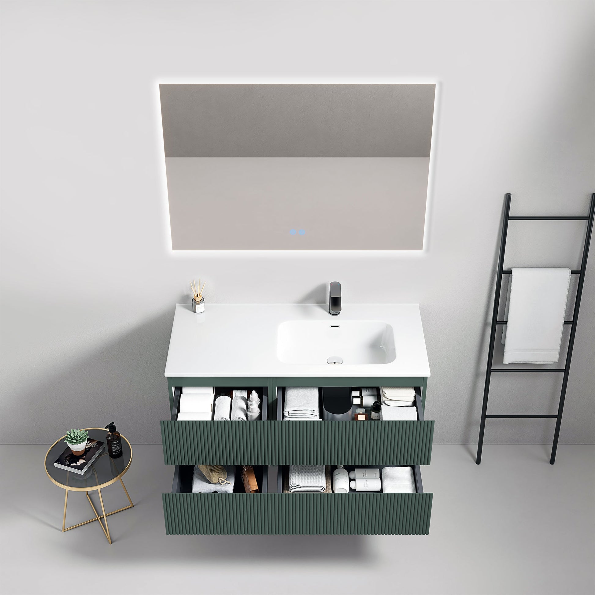 Mobile bagno sospeso cannettato 100 cm Verde Comodoro Lavabo a Destra in Ceramica Specchio Quadro Retroilluminato - Fiji Paint.