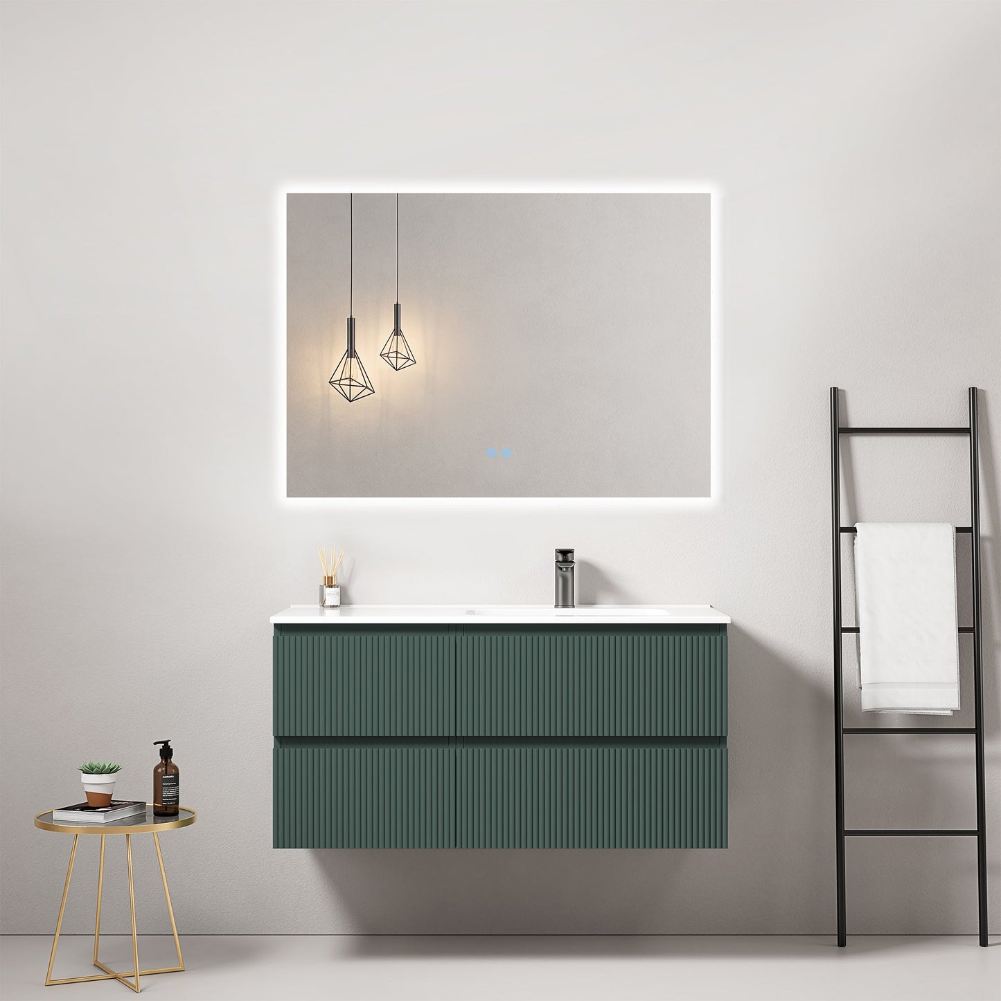 Mobile bagno sospeso cannettato 100 cm Verde Comodoro Lavabo a Destra in Ceramica Specchio Quadro Retroilluminato - Fiji Paint