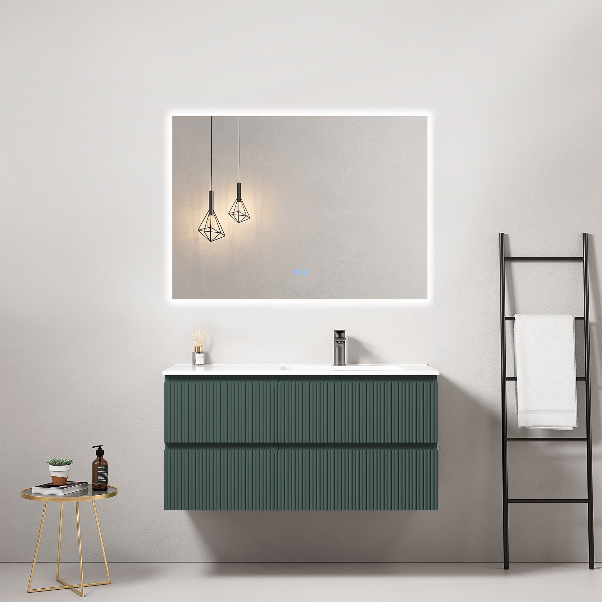 Mobile bagno sospeso cannettato 100 cm Verde Comodoro Lavabo a Destra in Ceramica Specchio Quadro Retroilluminato - Fiji Paint