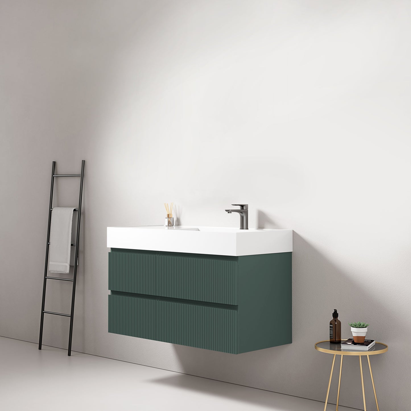 Mobile bagno sospeso cannettato 100 cm Verde Comodoro Lavabo a Destra in Resina Senza Specchio - Fiji Paint