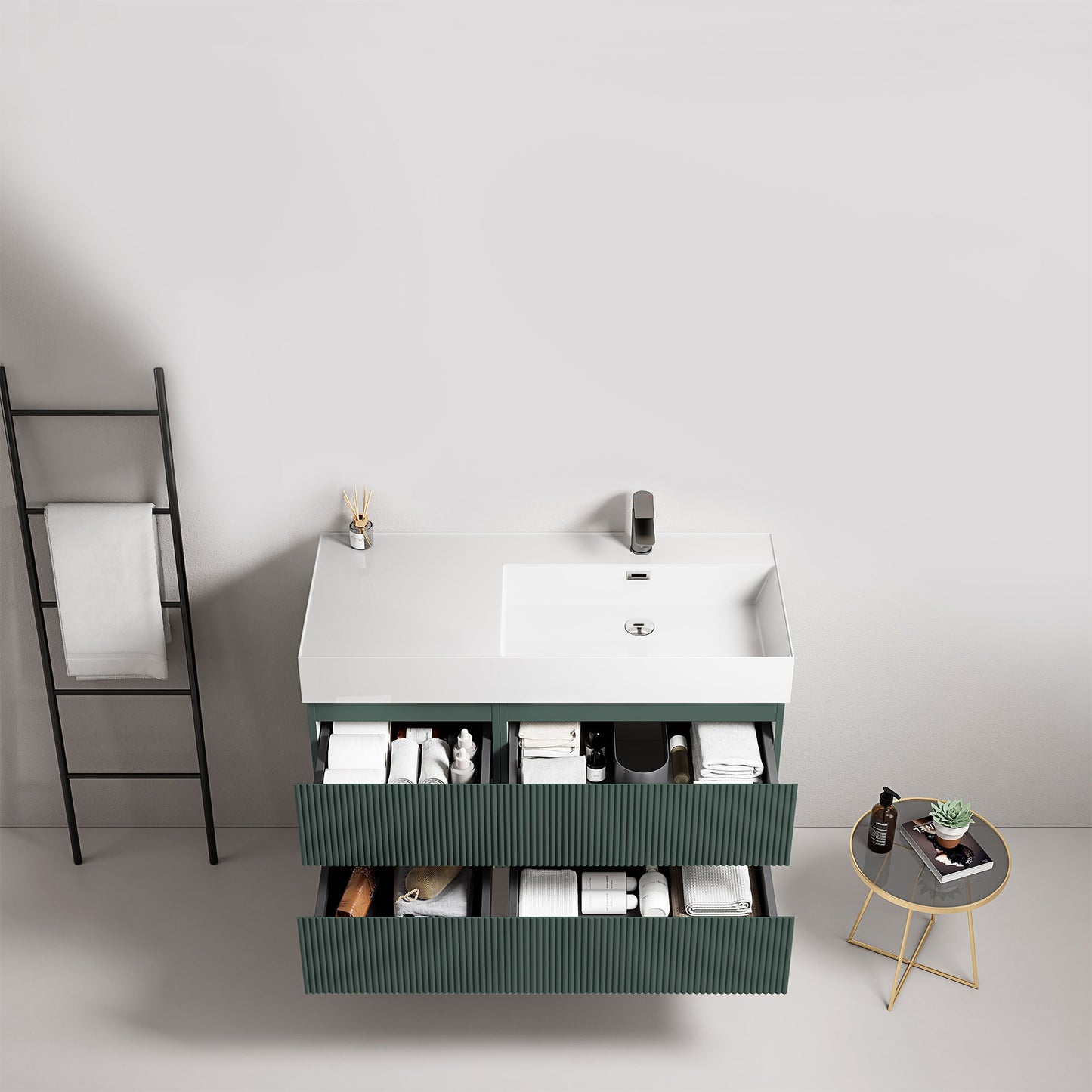 Mobile bagno sospeso cannettato 100 cm Verde Comodoro Lavabo a Destra in Resina Senza Specchio - Fiji Paint