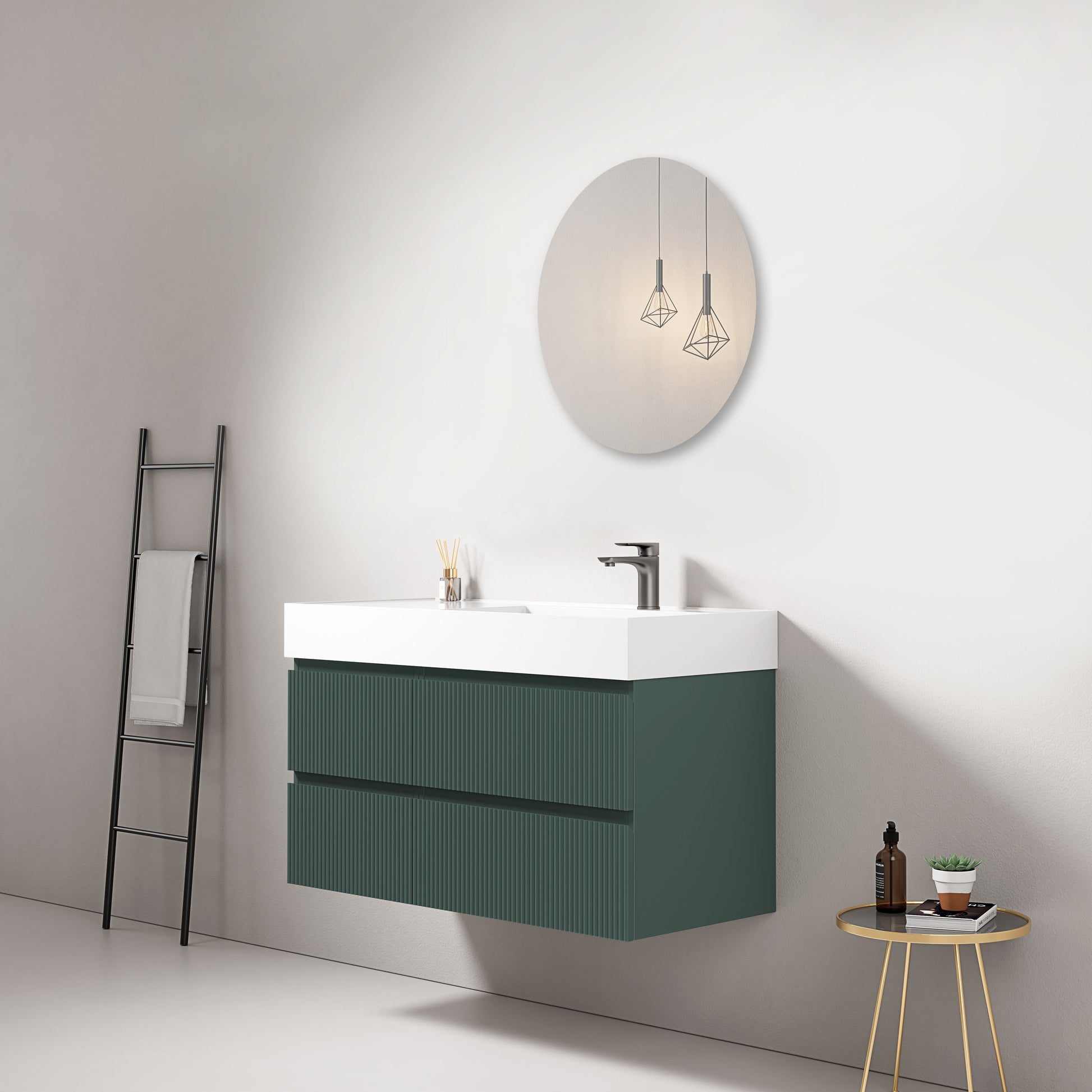 Mobile bagno sospeso cannettato 100 cm Verde Comodoro Lavabo a Destra in Resina Specchio Tondo - Fiji Paint.