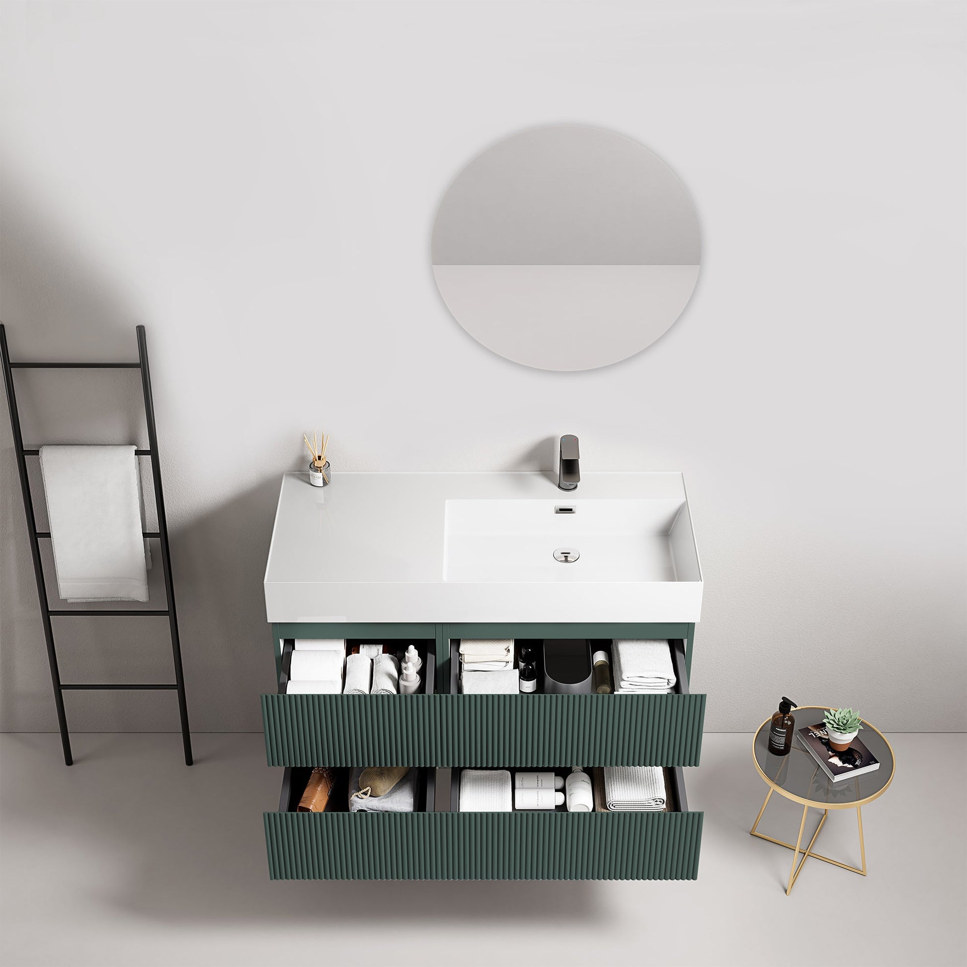 Mobile bagno sospeso cannettato 100 cm Verde Comodoro Lavabo a Destra in Resina Specchio Tondo - Fiji Paint.