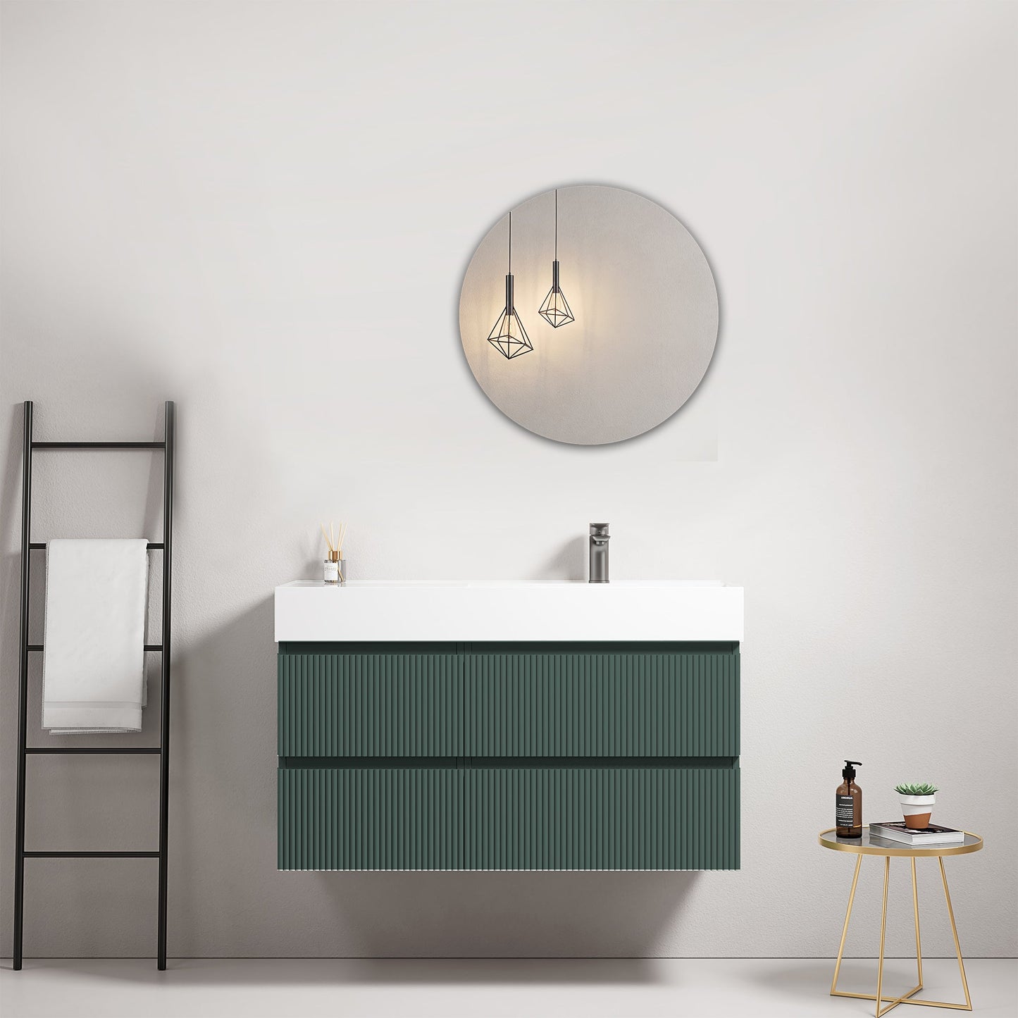 Mobile bagno sospeso cannettato 100 cm Verde Comodoro Lavabo a Destra in Resina Specchio Tondo - Fiji Paint