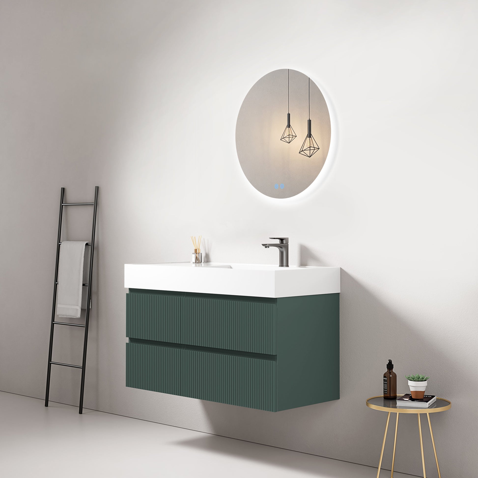 Mobile bagno sospeso cannettato 100 cm Verde Comodoro Lavabo a Destra in Resina Specchio Tondo Retroilluminato - Fiji Paint
