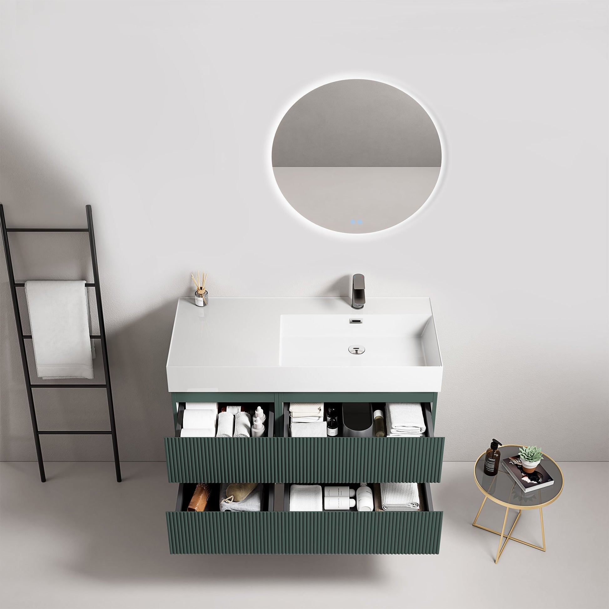 Mobile bagno sospeso cannettato 100 cm Verde Comodoro Lavabo a Destra in Resina Specchio Tondo Retroilluminato - Fiji Paint