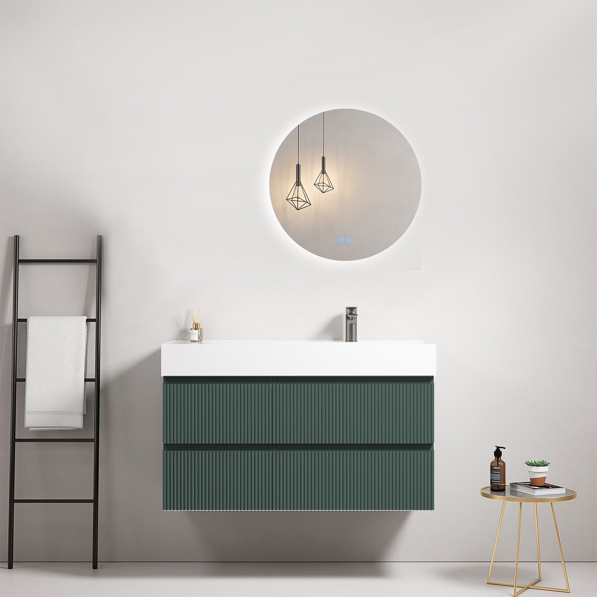 Mobile bagno sospeso cannettato 100 cm Verde Comodoro Lavabo a Destra in Resina Specchio Tondo Retroilluminato - Fiji Paint