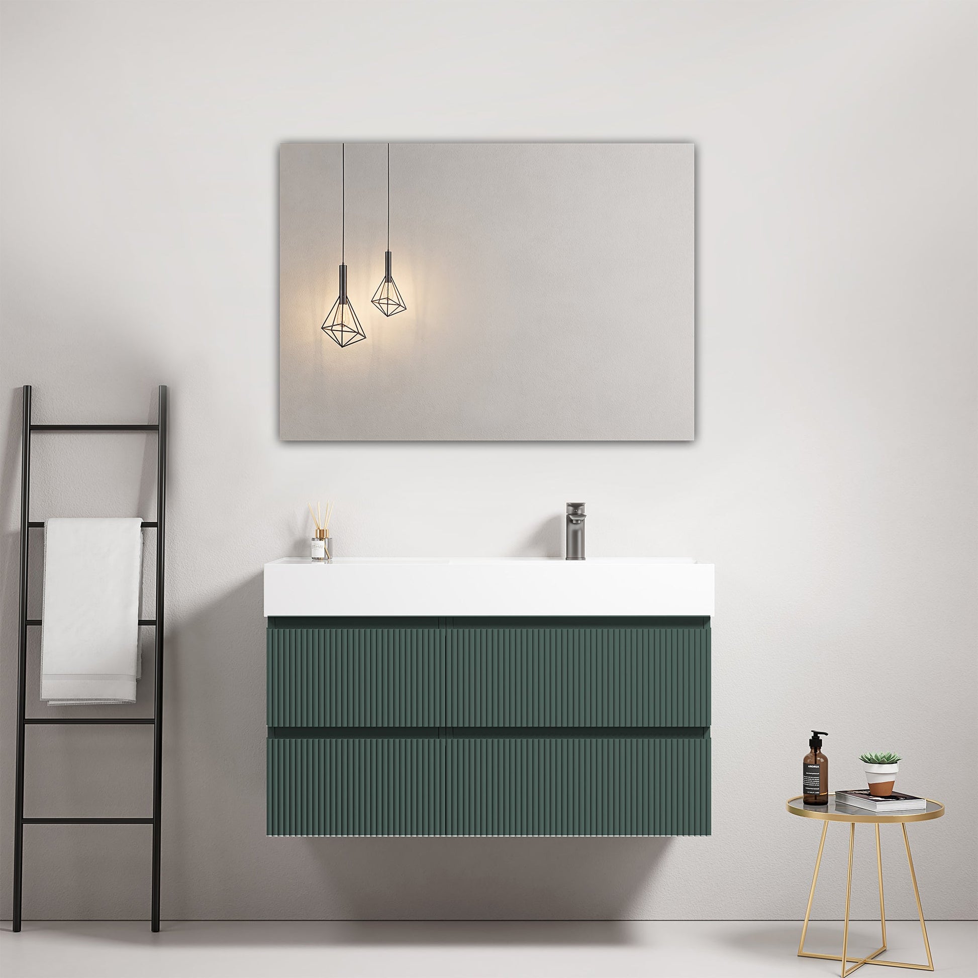 Mobile bagno sospeso cannettato 100 cm Verde Comodoro Lavabo a Destra in Resina Specchio Quadro - Fiji Paint