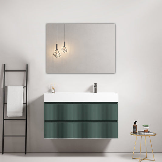 Mobile bagno sospeso cannettato 100 cm Verde Comodoro Lavabo a Destra in Resina Specchio Quadro - Fiji Paint