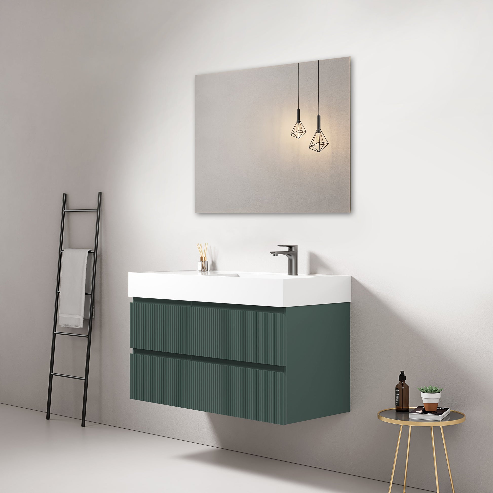 Mobile bagno sospeso cannettato 100 cm Verde Comodoro Lavabo a Destra in Resina Specchio Quadro - Fiji Paint.
