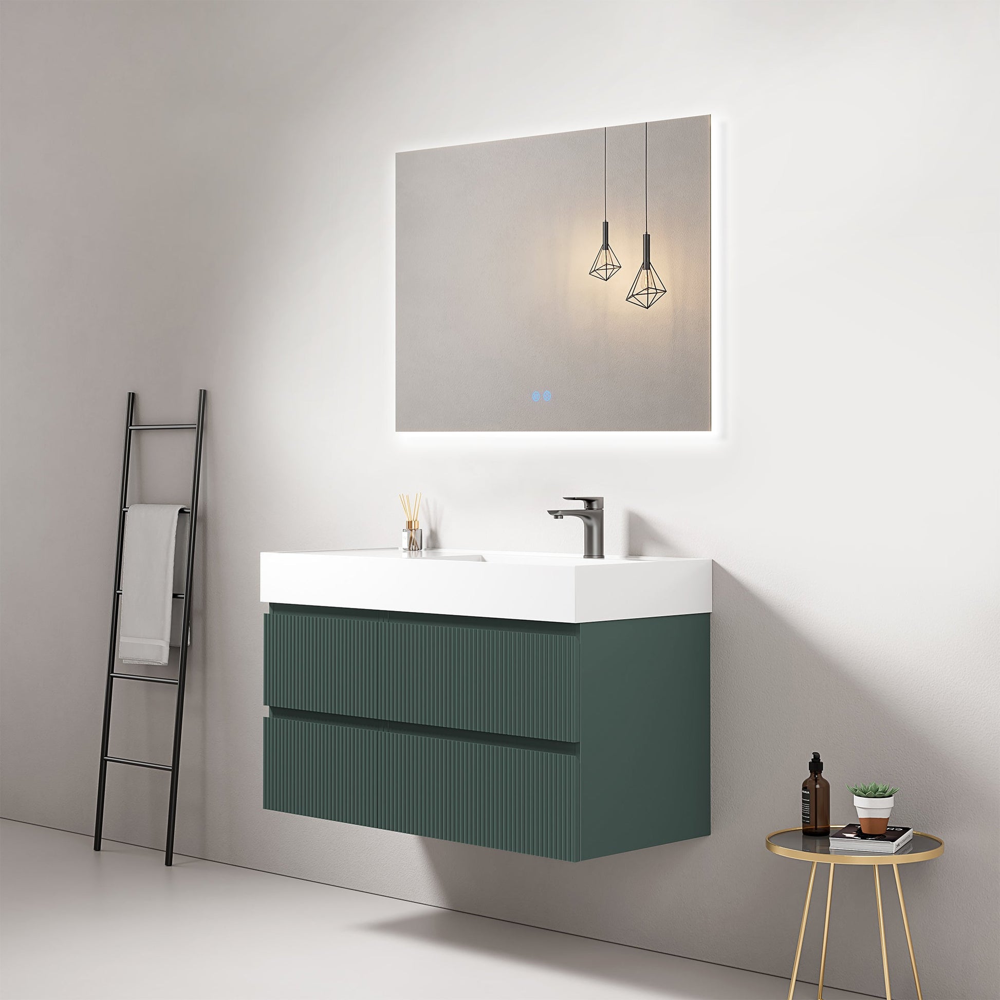 Mobile bagno sospeso cannettato 100 cm Verde Comodoro Lavabo a Destra in Resina Specchio Quadro Retroilluminato - Fiji Paint.