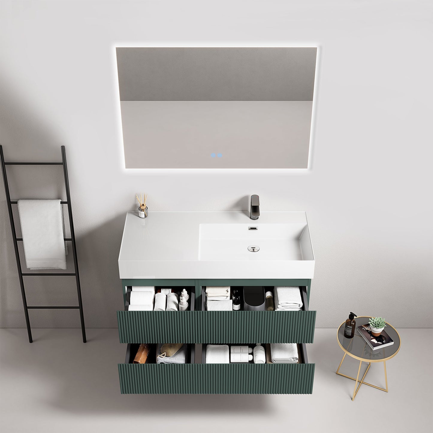 Mobile bagno sospeso cannettato 100 cm Verde Comodoro Lavabo a Destra in Resina Specchio Quadro Retroilluminato - Fiji Paint