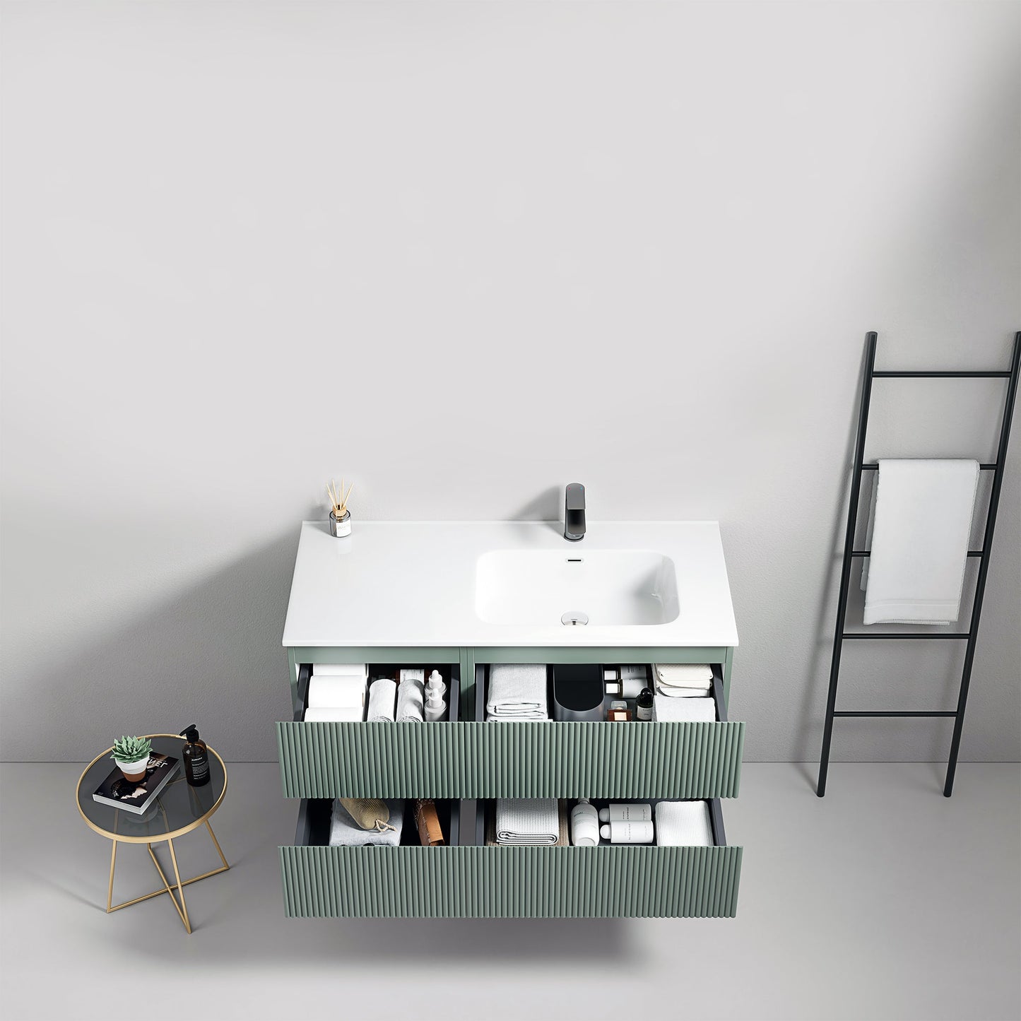 Mobile bagno sospeso cannettato 100 cm Verde Salvia Lavabo a Destra in Ceramica Senza Specchio - Fiji Paint