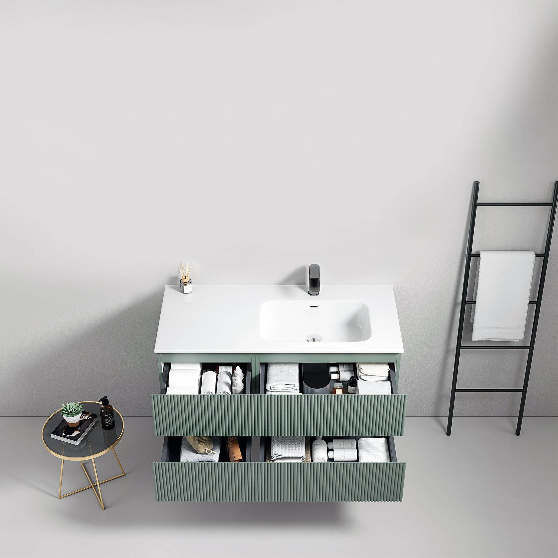 Mobile bagno sospeso cannettato 100 cm Verde Salvia Lavabo a Destra in Ceramica Senza Specchio - Fiji Paint