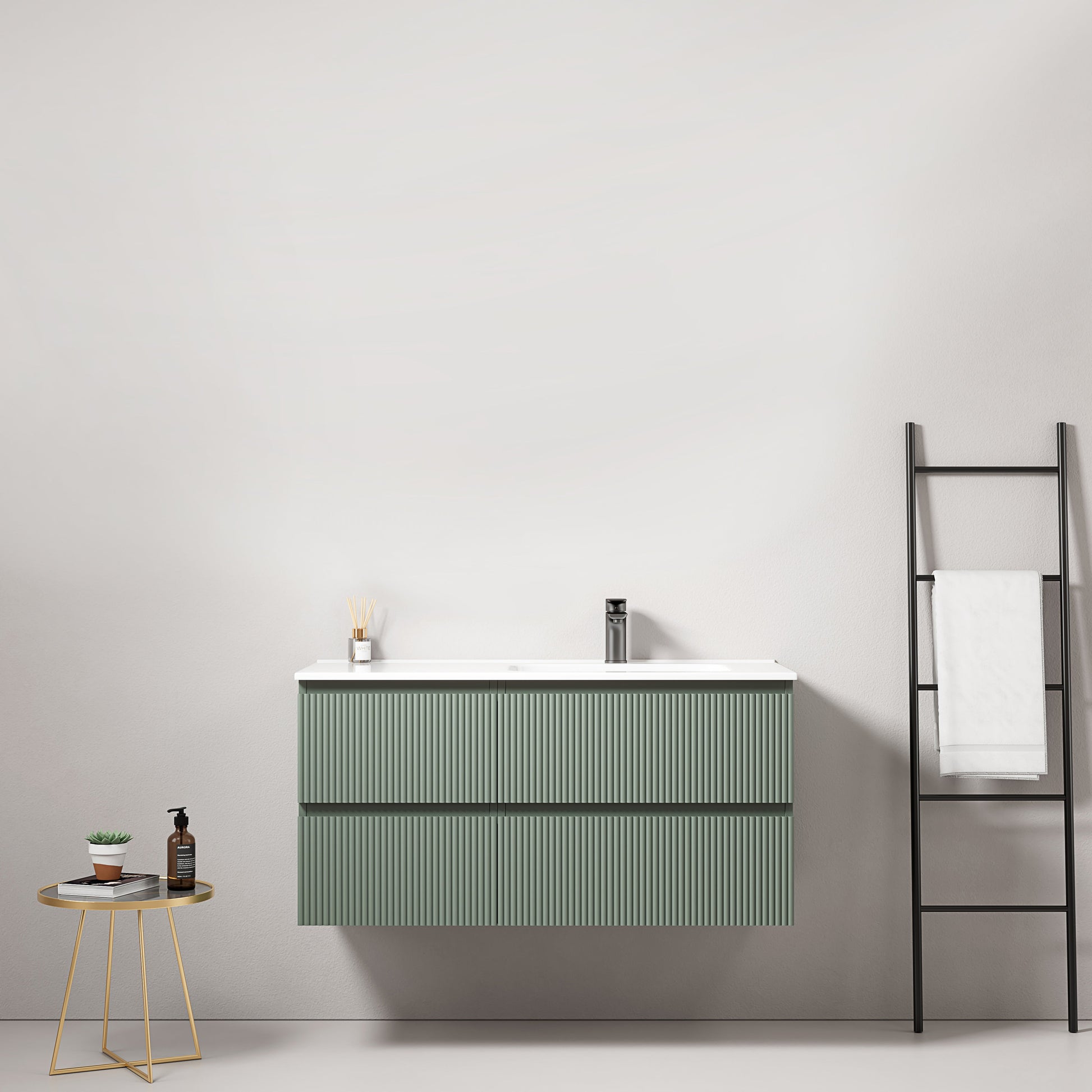 Mobile bagno sospeso cannettato 100 cm Verde Salvia Lavabo a Destra in Ceramica Senza Specchio - Fiji Paint