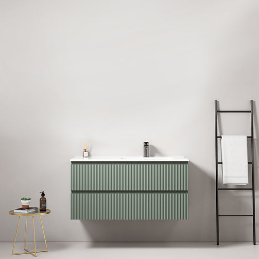 Mobile bagno sospeso cannettato 100 cm Verde Salvia Lavabo a Destra in Ceramica Senza Specchio - Fiji Paint