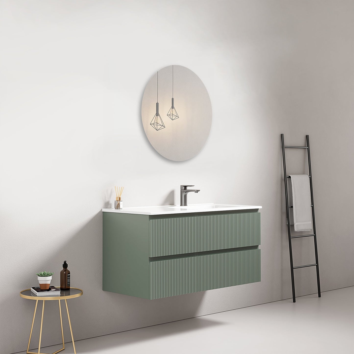 Mobile bagno sospeso cannettato 100 cm Verde Salvia Lavabo a Destra in Ceramica Specchio Tondo - Fiji Paint.