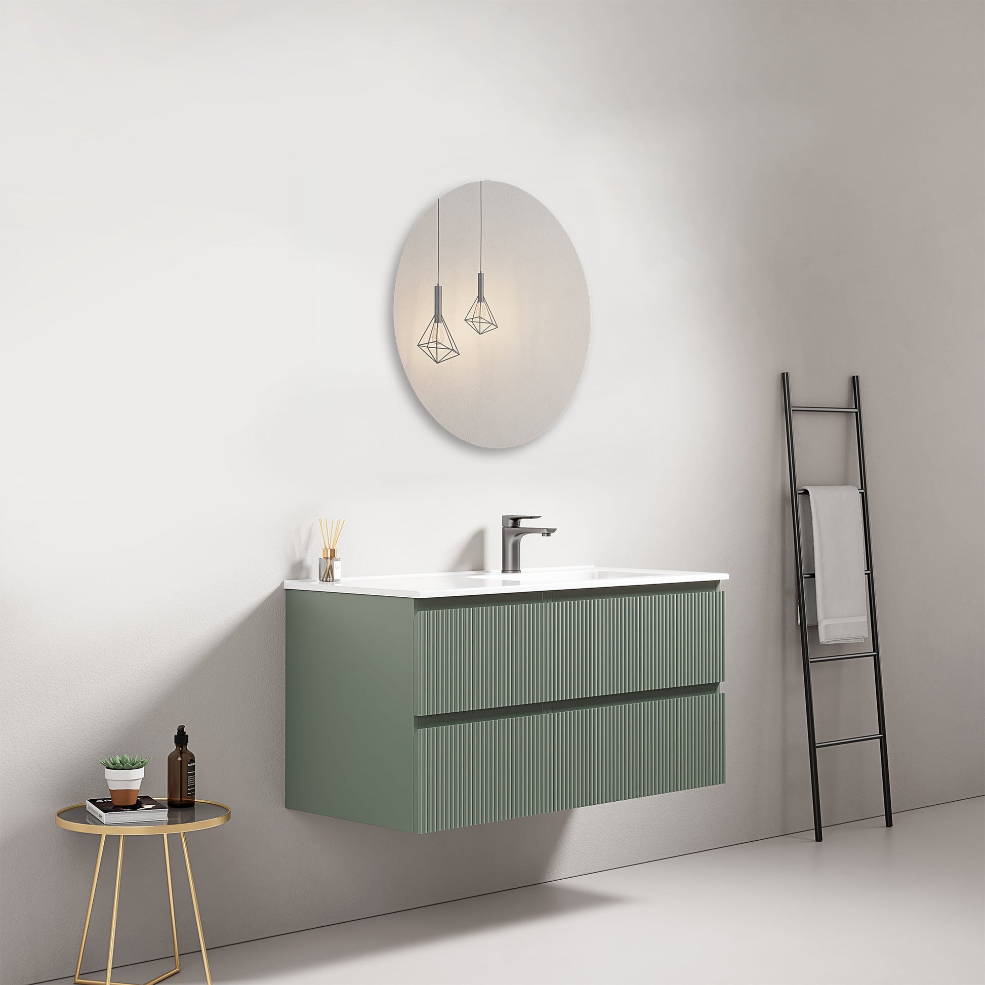 Mobile bagno sospeso cannettato 100 cm Verde Salvia Lavabo a Destra in Ceramica Specchio Tondo - Fiji Paint.