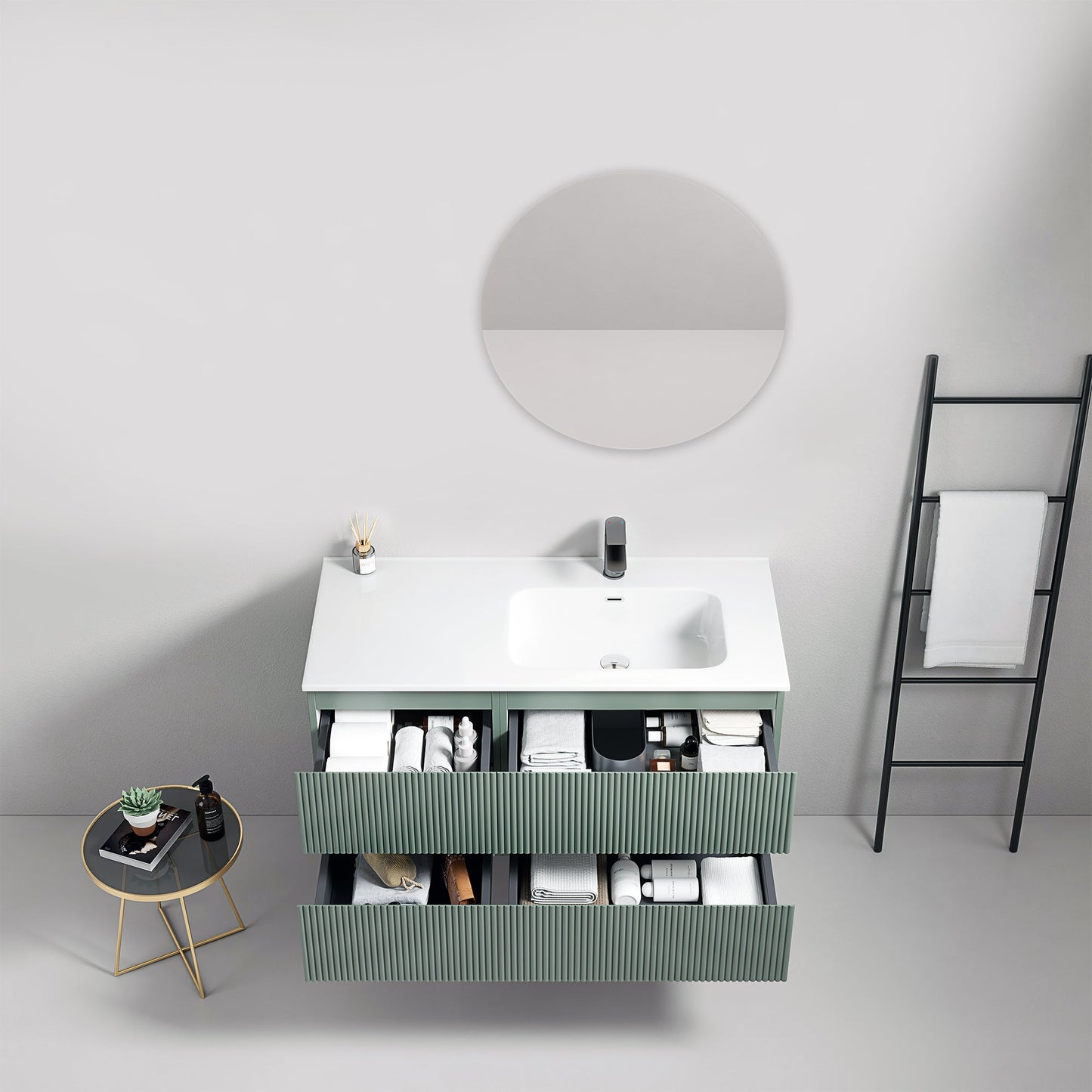 Mobile bagno sospeso cannettato 100 cm Verde Salvia Lavabo a Destra in Ceramica Specchio Tondo - Fiji Paint