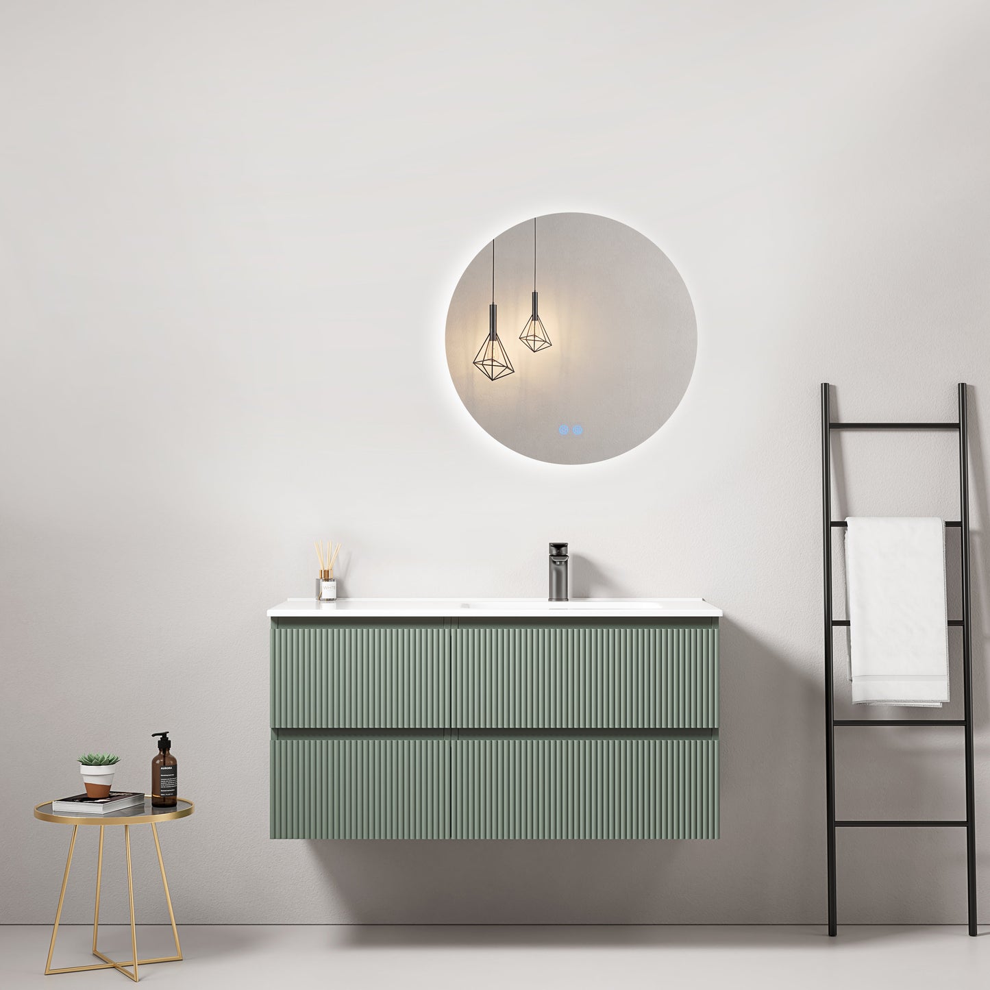Mobile bagno sospeso cannettato 100 cm Verde Salvia Lavabo a Destra in Ceramica Specchio Tondo Retroilluminato - Fiji Paint
