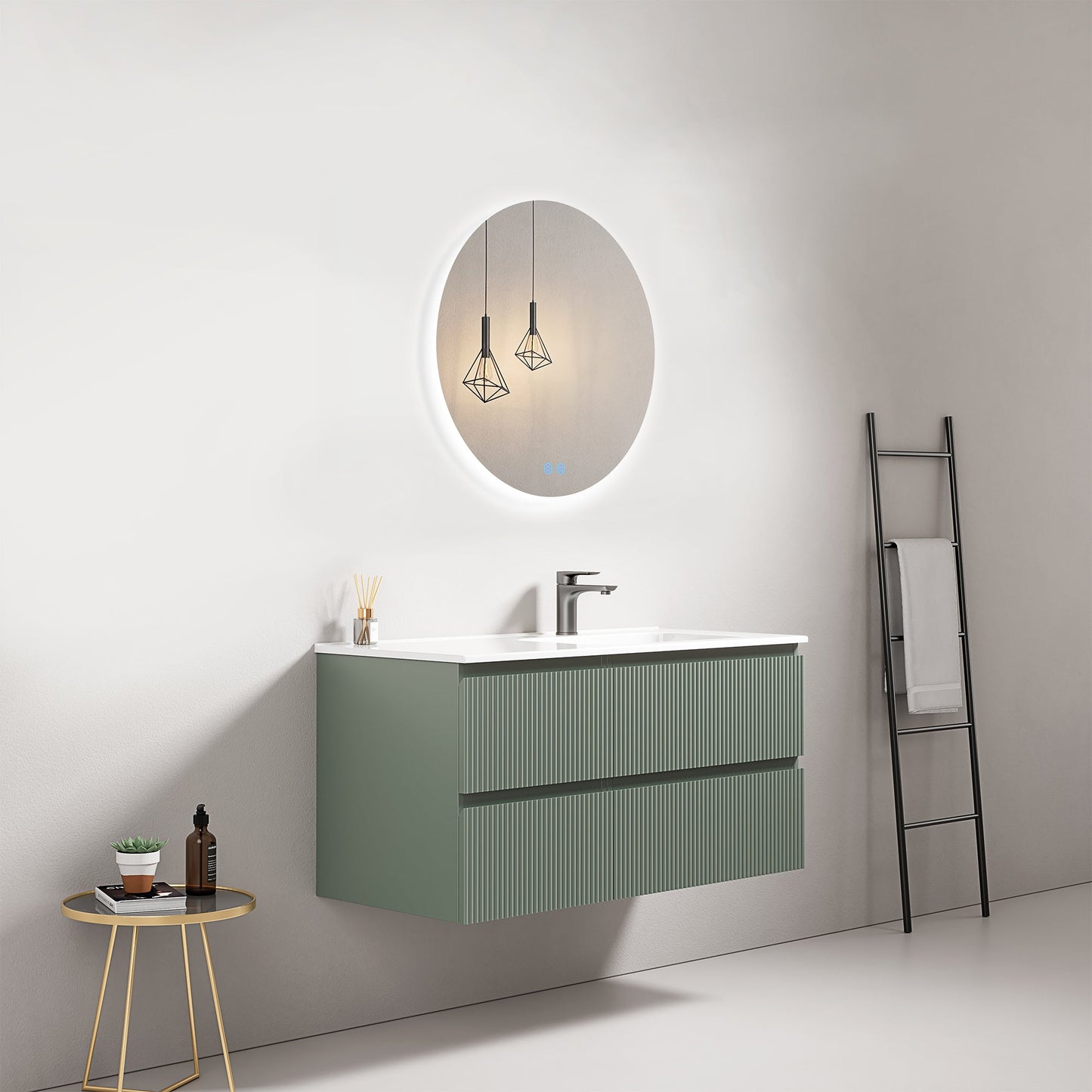 Mobile bagno sospeso cannettato 100 cm Verde Salvia Lavabo a Destra in Ceramica Specchio Tondo Retroilluminato - Fiji Paint