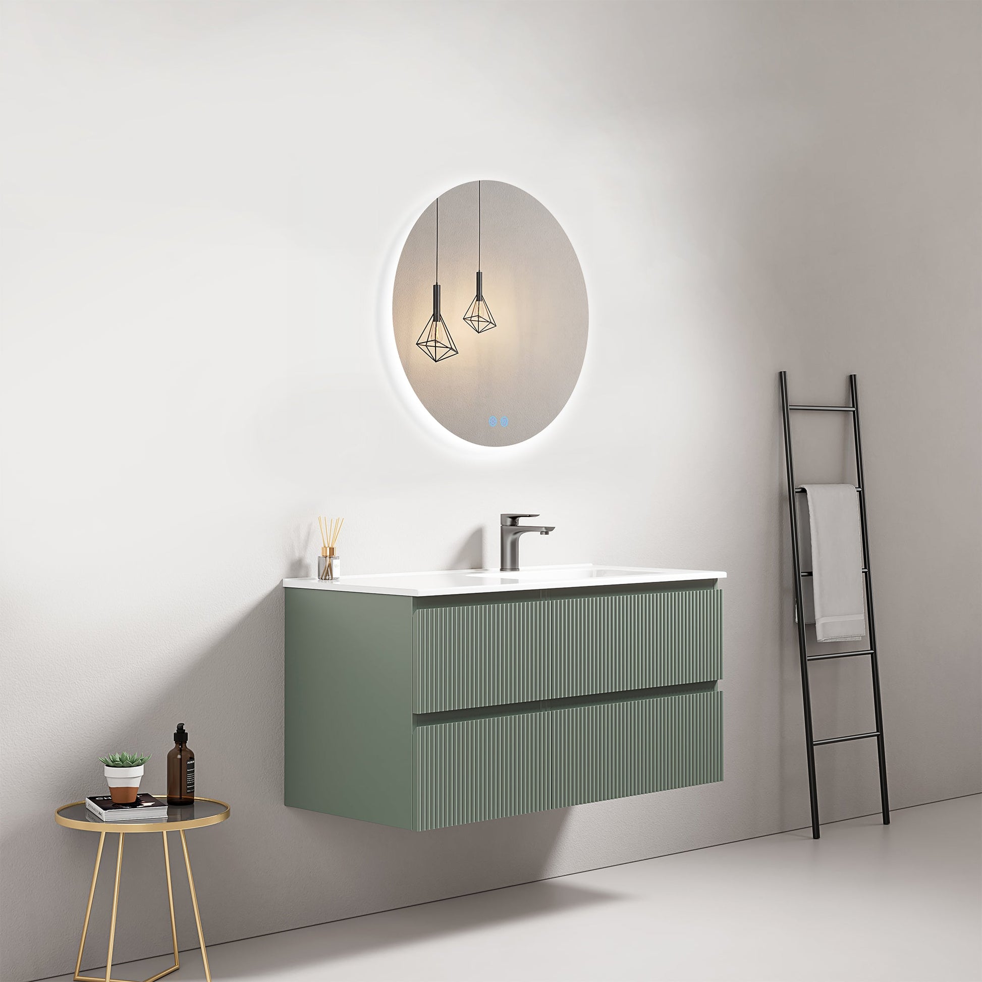 Mobile bagno sospeso cannettato 100 cm Verde Salvia Lavabo a Destra in Ceramica Specchio Tondo Retroilluminato - Fiji Paint