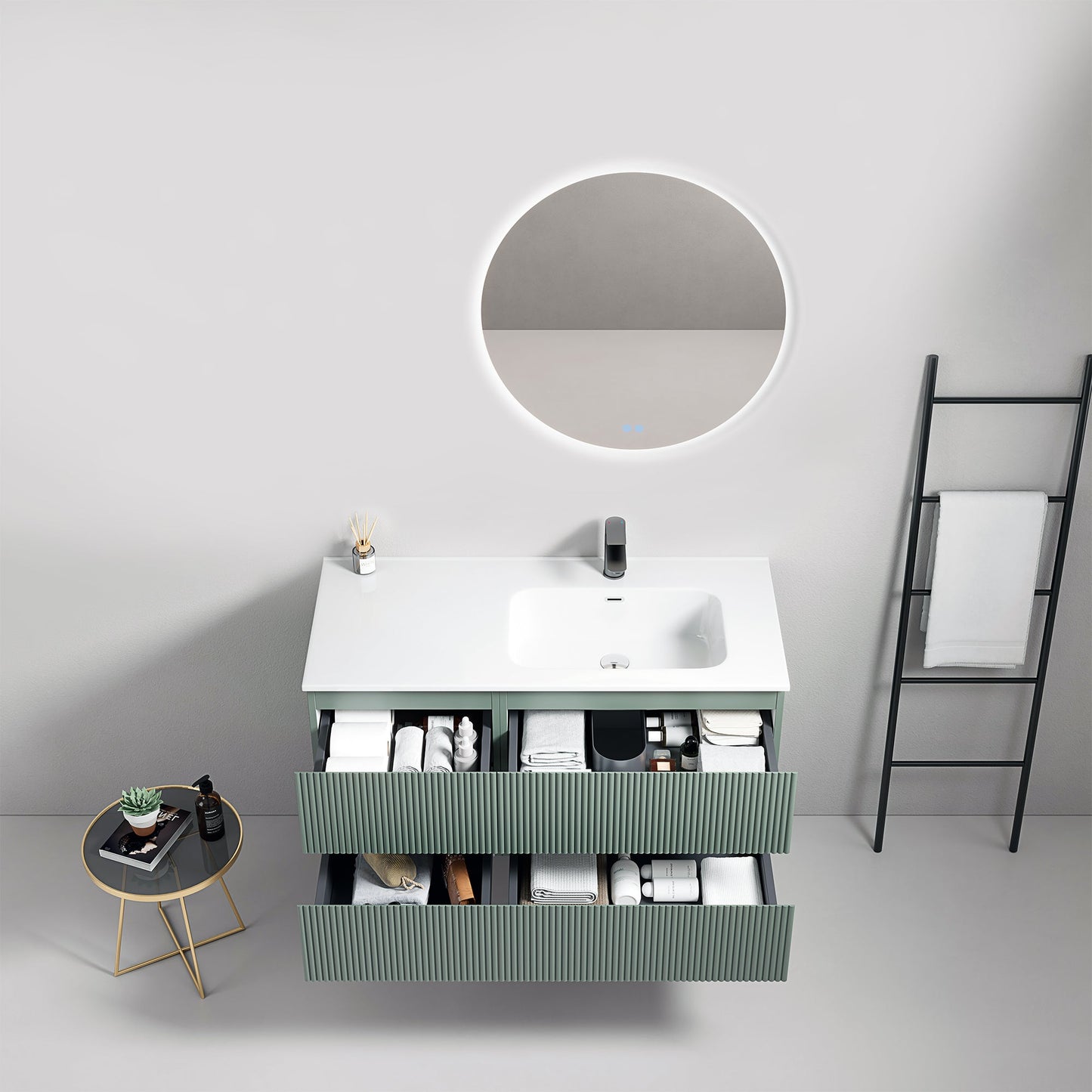 Mobile bagno sospeso cannettato 100 cm Verde Salvia Lavabo a Destra in Ceramica Specchio Tondo Retroilluminato - Fiji Paint