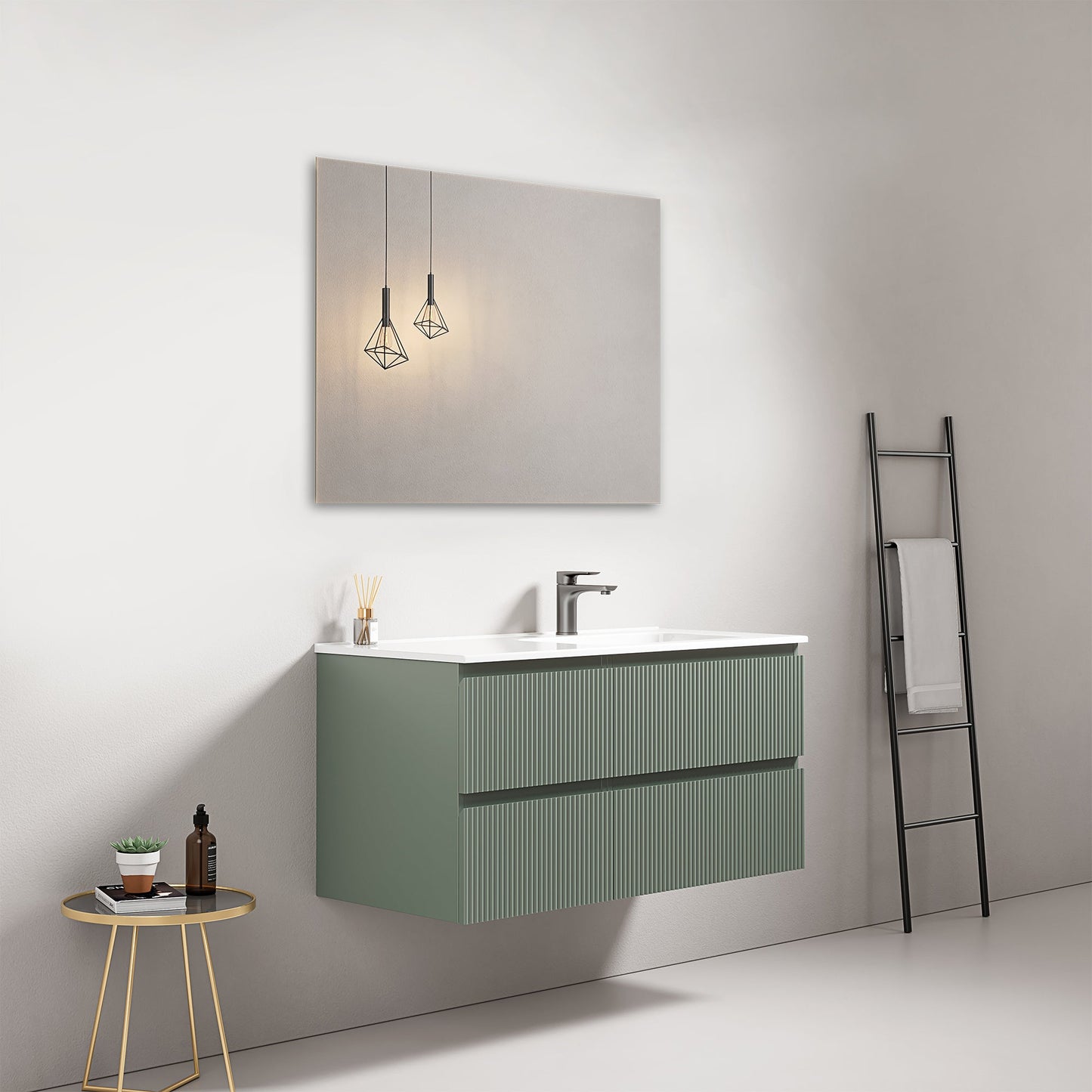 Mobile bagno sospeso cannettato 100 cm Verde Salvia Lavabo a Destra in Ceramica Specchio Quadro - Fiji Paint