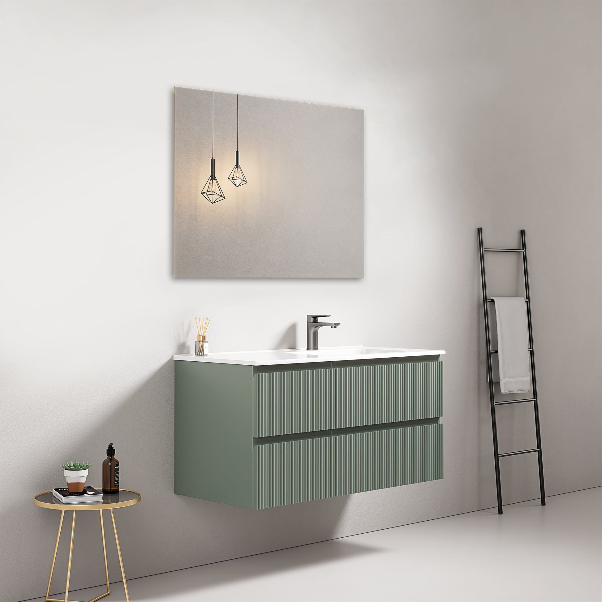 Mobile bagno sospeso cannettato 100 cm Verde Salvia Lavabo a Destra in Ceramica Specchio Quadro - Fiji Paint