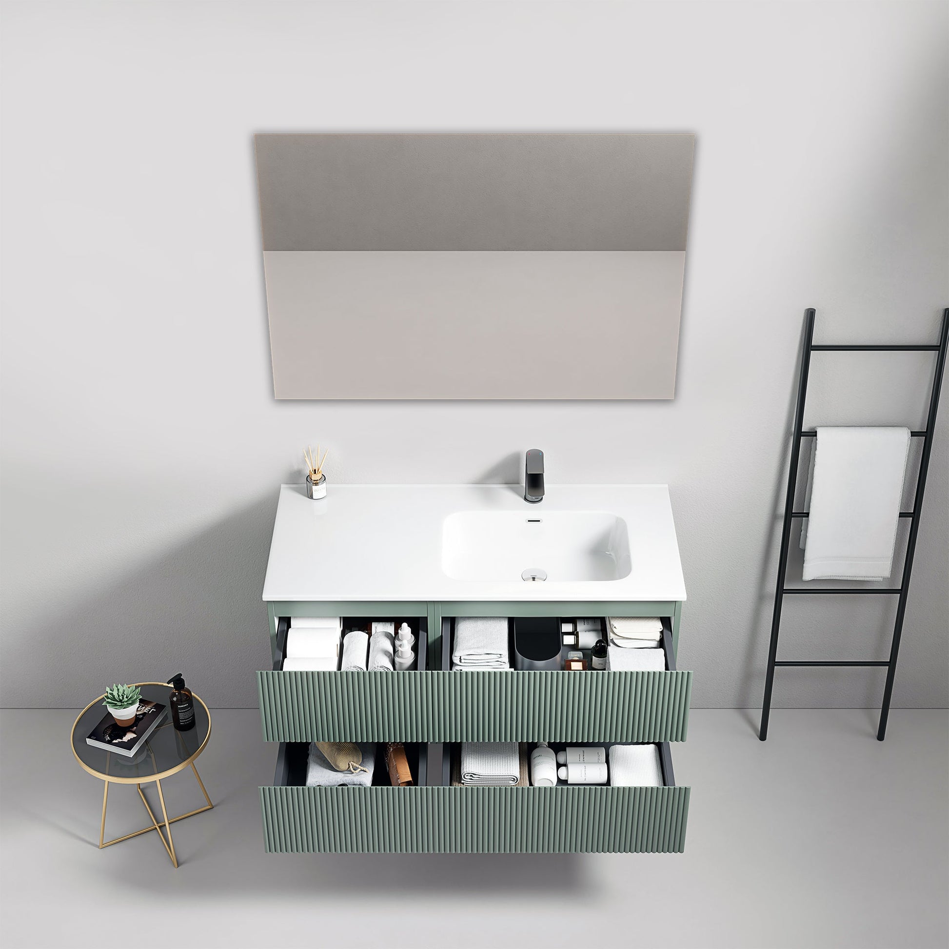 Mobile bagno sospeso cannettato 100 cm Verde Salvia Lavabo a Destra in Ceramica Specchio Quadro - Fiji Paint