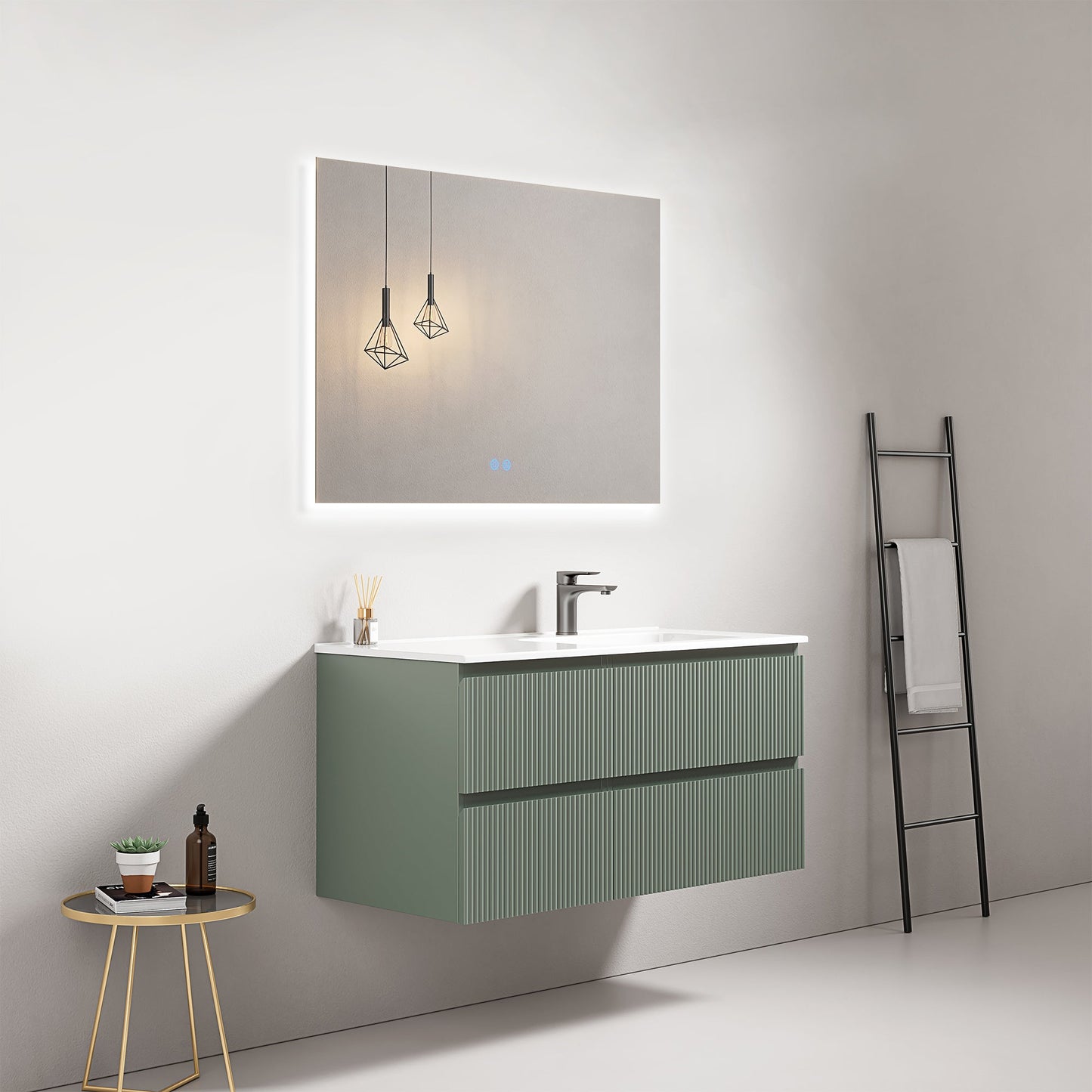 Mobile bagno sospeso cannettato 100 cm Verde Salvia Lavabo a Destra in Ceramica Specchio Quadro Retroilluminato - Fiji Paint