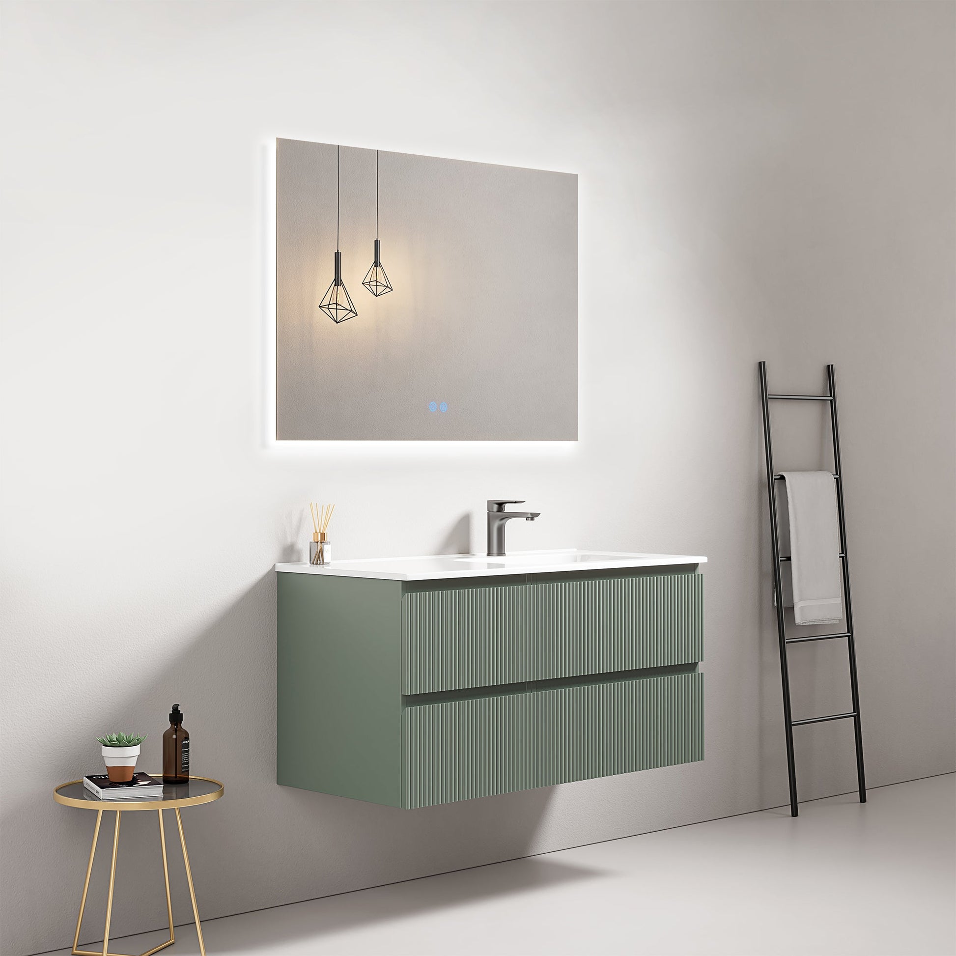 Mobile bagno sospeso cannettato 100 cm Verde Salvia Lavabo a Destra in Ceramica Specchio Quadro Retroilluminato - Fiji Paint