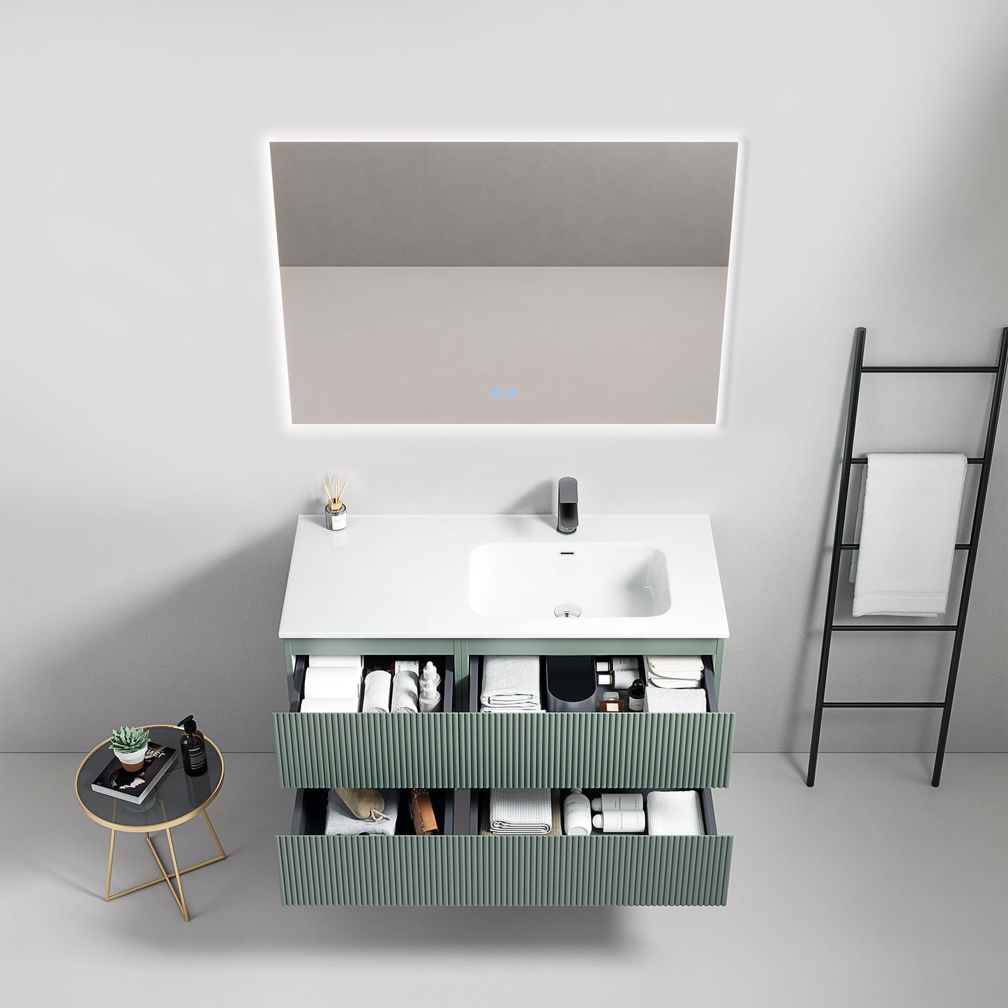 Mobile bagno sospeso cannettato 100 cm Verde Salvia Lavabo a Destra in Ceramica Specchio Quadro Retroilluminato - Fiji Paint