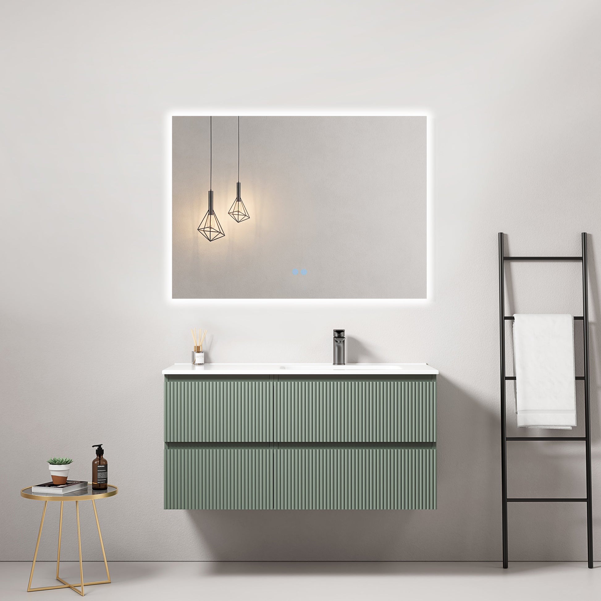 Mobile bagno sospeso cannettato 100 cm Verde Salvia Lavabo a Destra in Ceramica Specchio Quadro Retroilluminato - Fiji Paint